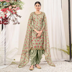 Green Floral Sequins Embroidered Net Patiala Suit