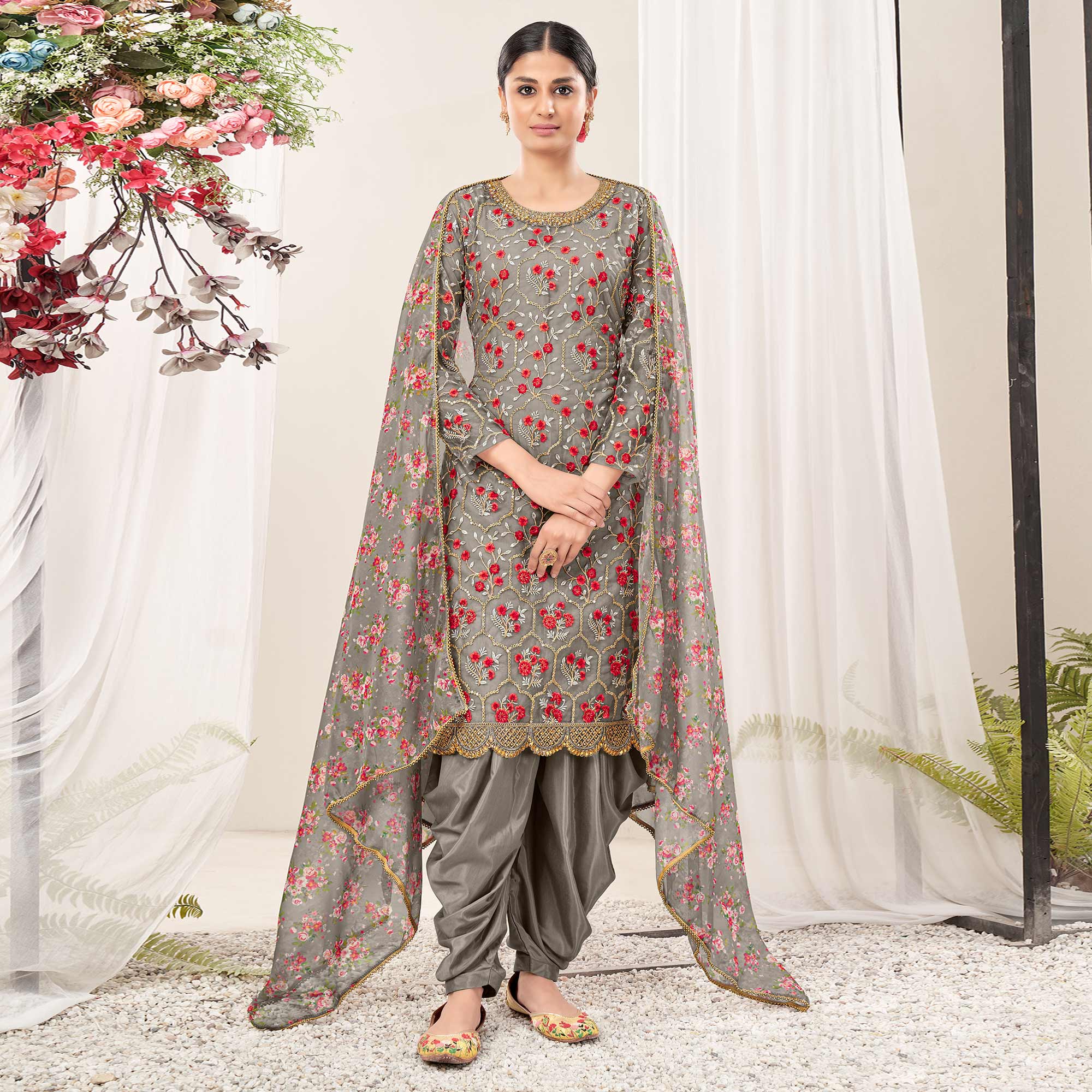 Grey Floral Sequins Embroidered Net Patiala Suit
