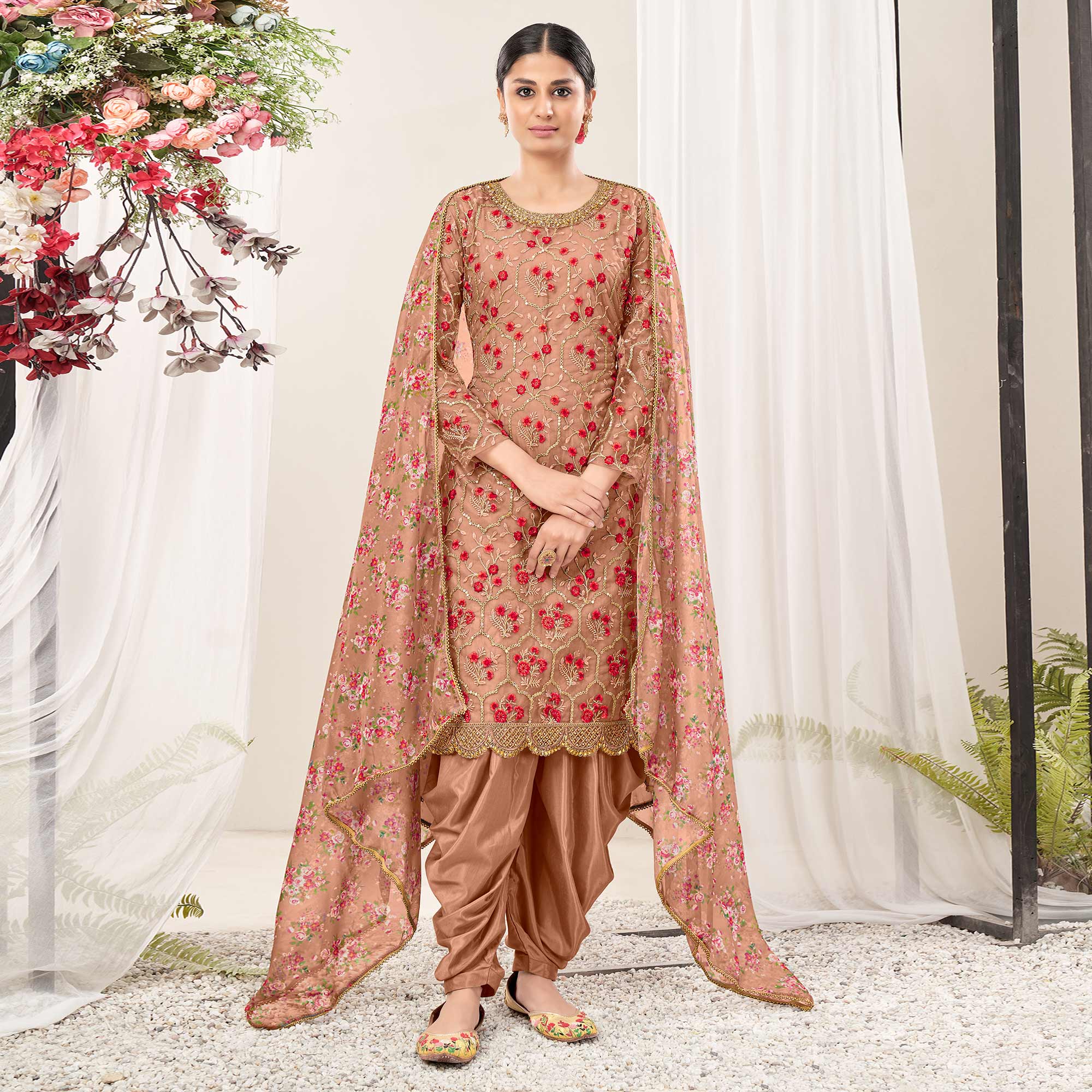 Peach Floral Sequins Embroidered Net Patiala Suit