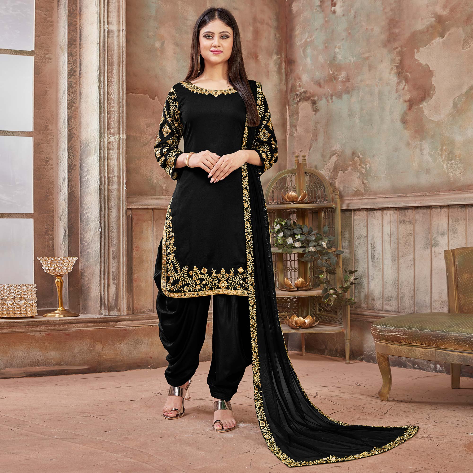 Black Floral Embroidered Art Silk Patiala Suit