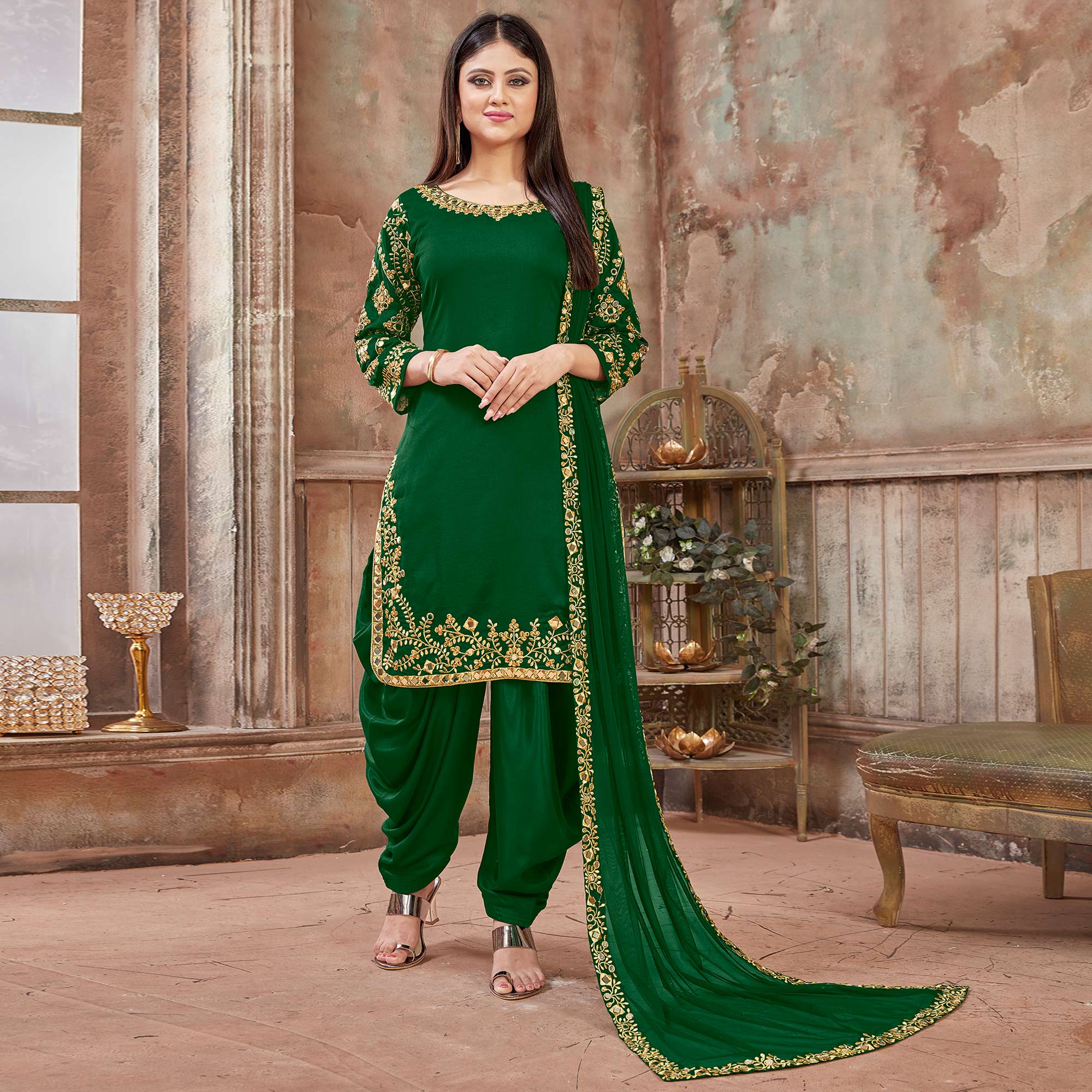 Green Floral Embroidered Art Silk Patiala Suit