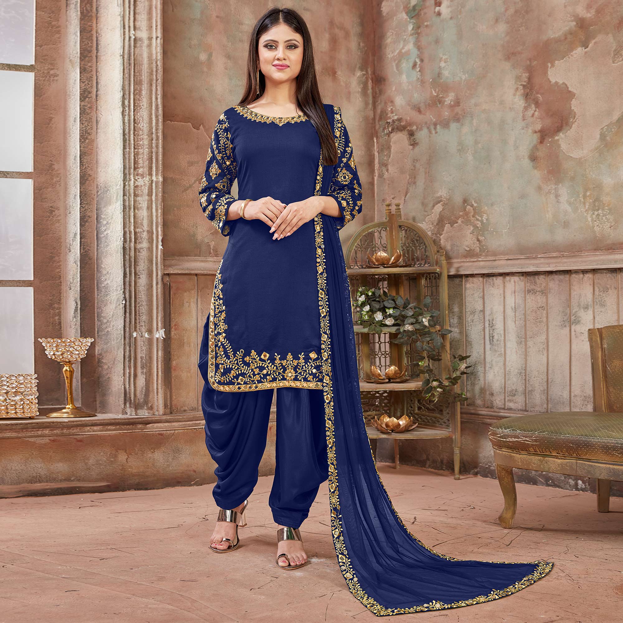 Blue Floral Embroidered Art Silk Patiala Suit