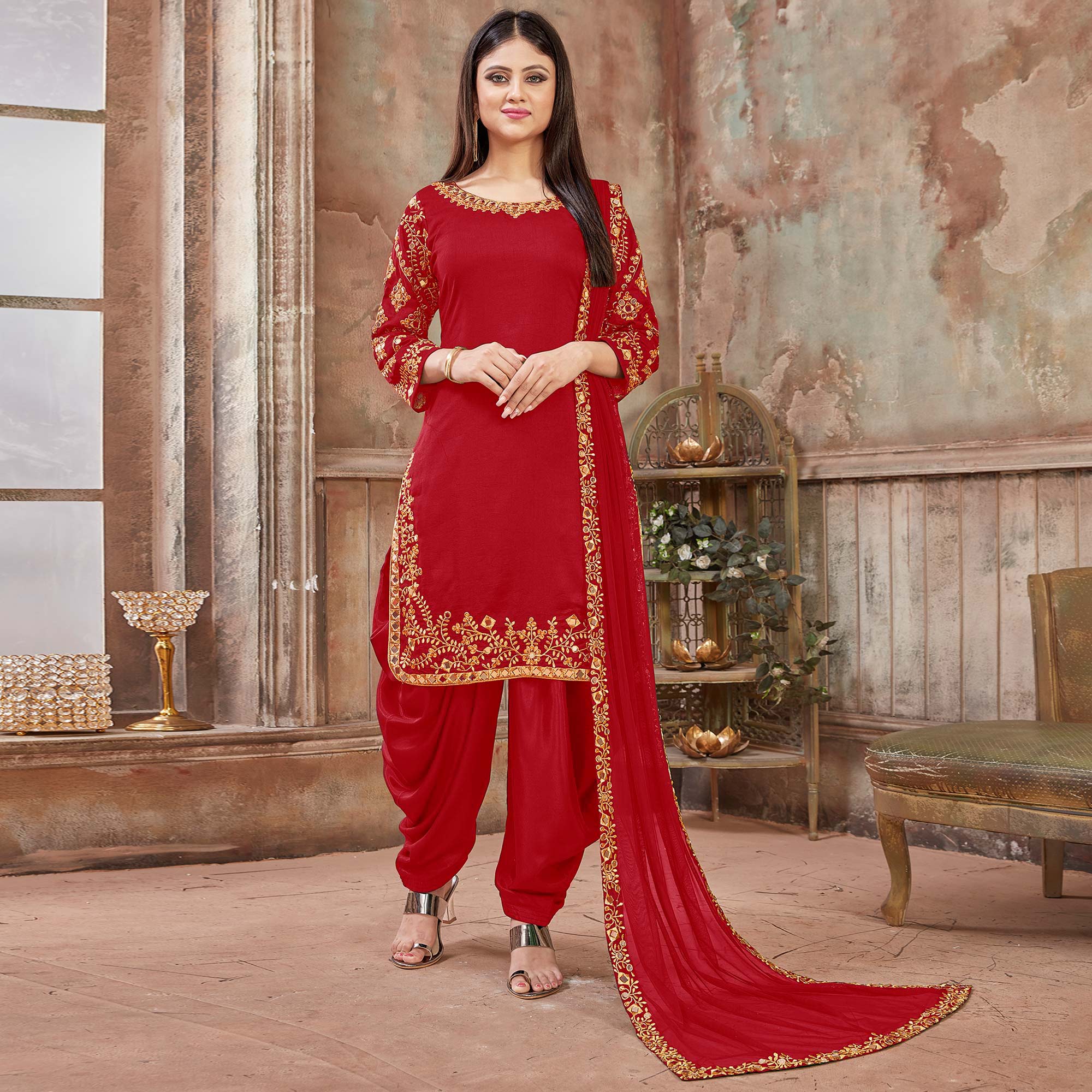 Red Floral Embroidered Art Silk Patiala Suit