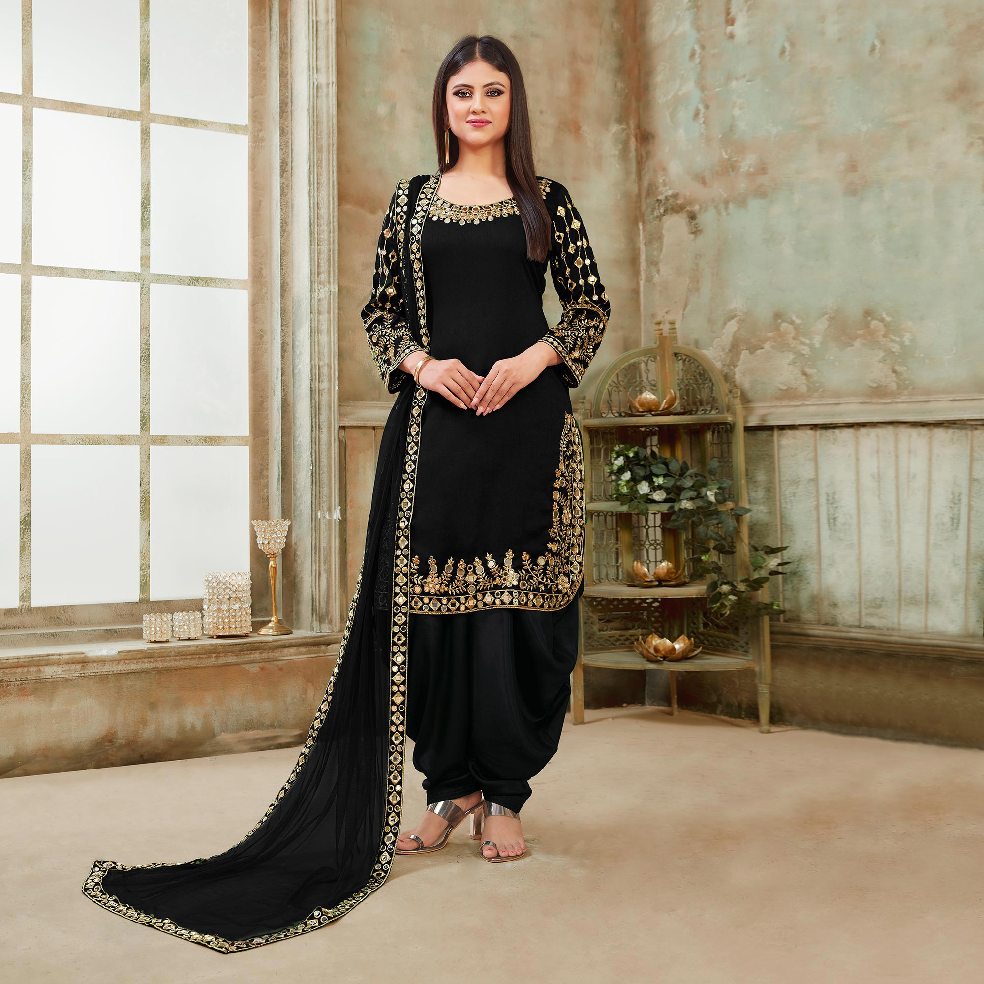 Black Floral Embroidered Art Silk Patiala Suit