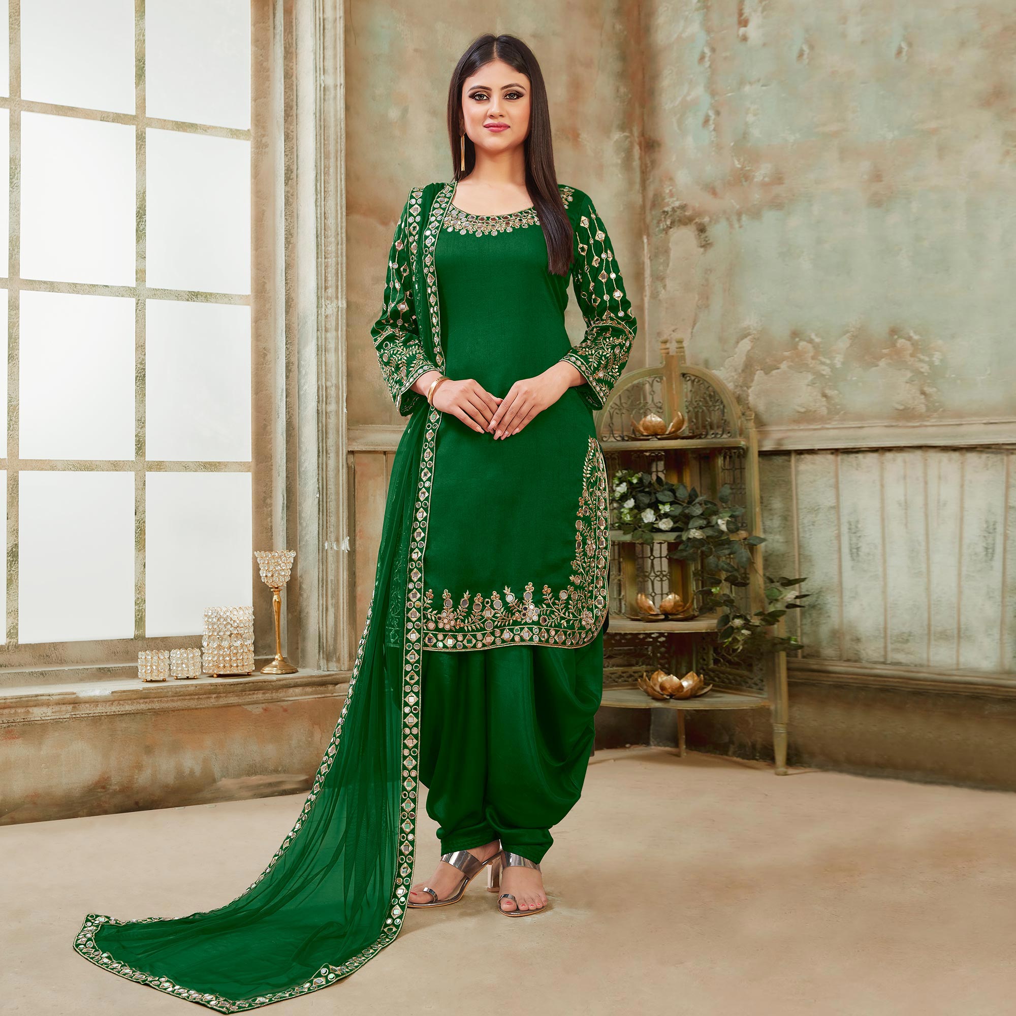 Green Floral Embroidered Art Silk Patiala Suit