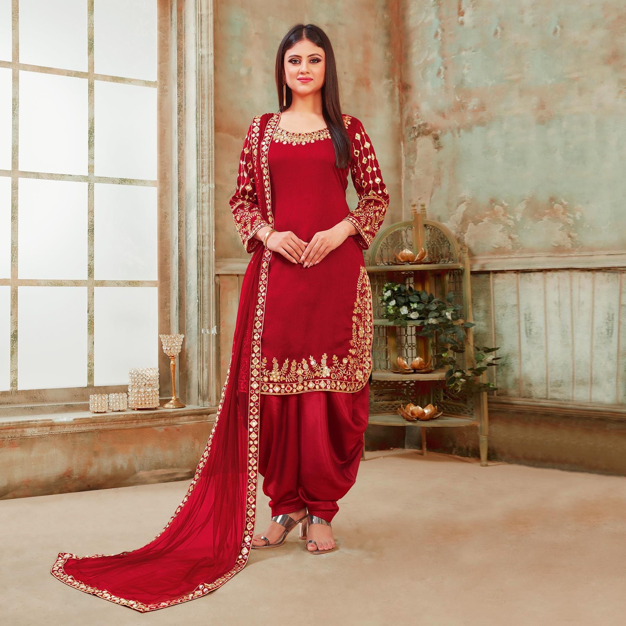 Red Floral Embroidered Art Silk Patiala Suit