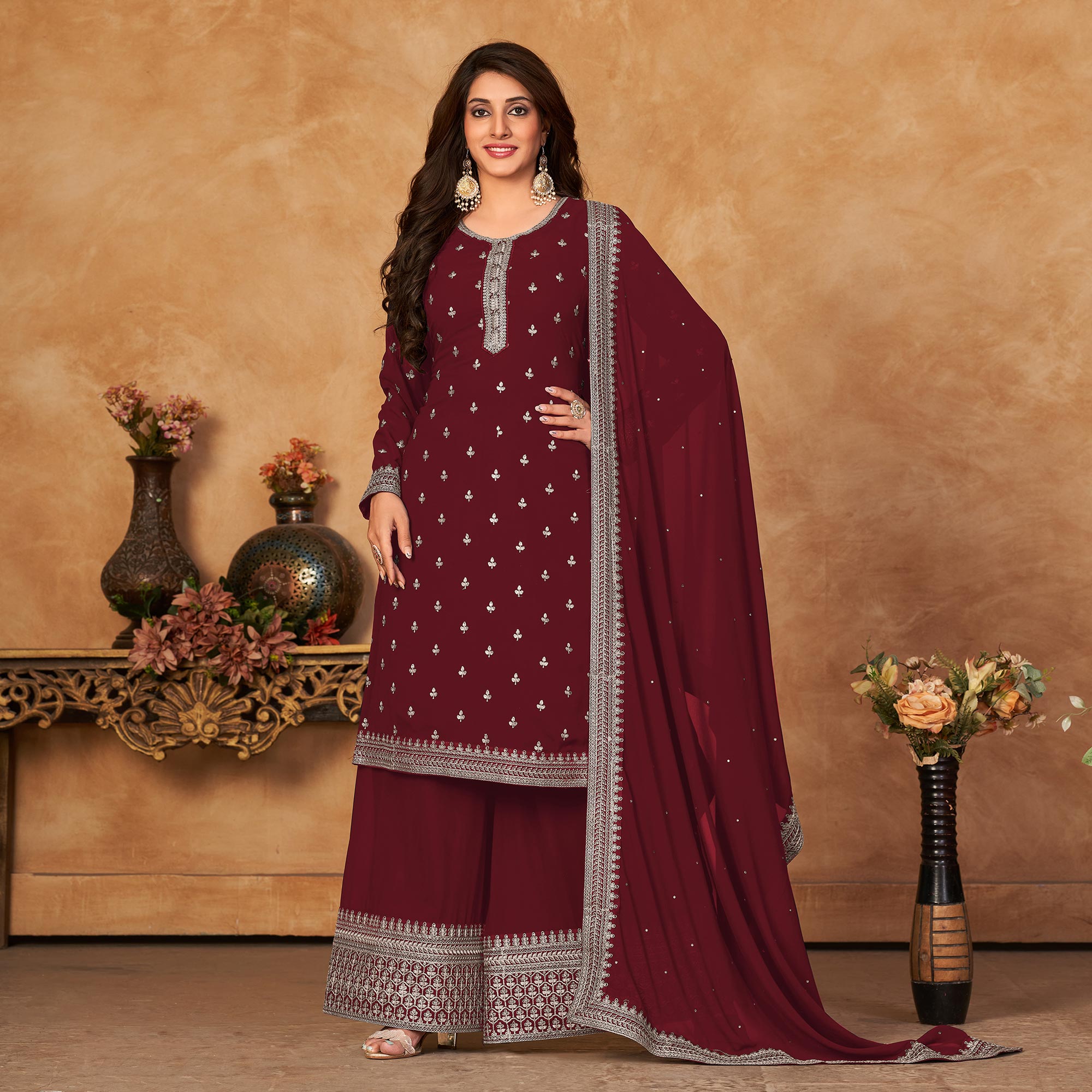 Maroon Floral Embroidered Georgette Semi Stitched Suit