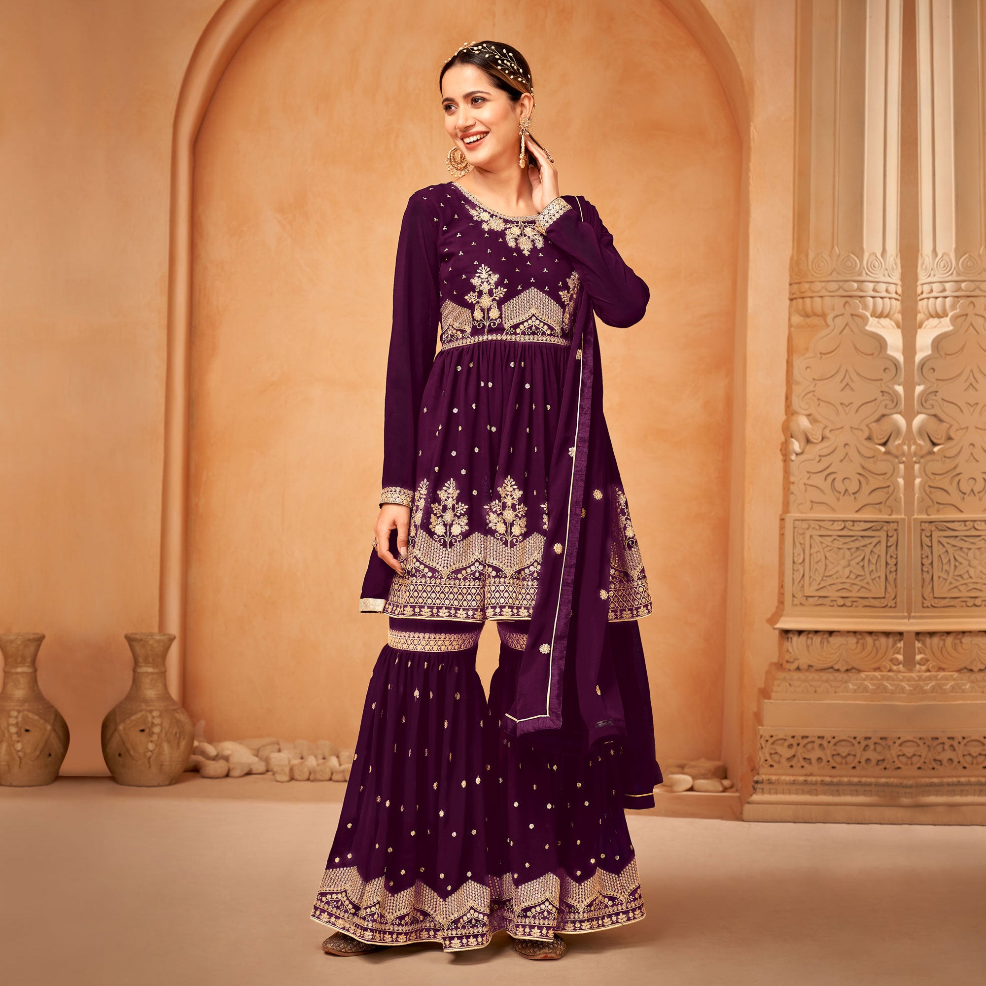 Purple Floral Sequin Embroidered Georgette Semi Stitched Suit