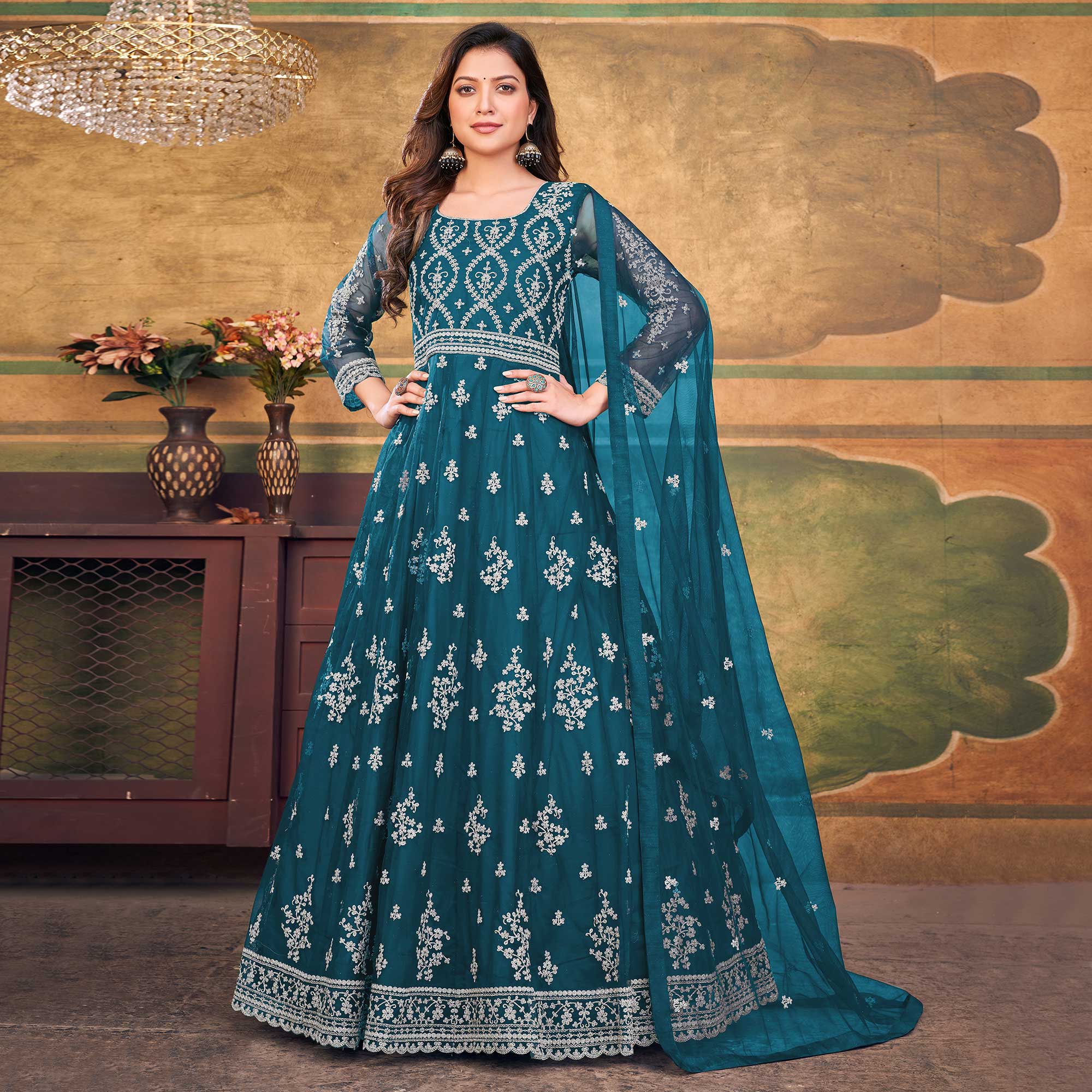 Rama Blue Embroidered Net Semi Stitched Anarkali Suit