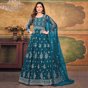 Rama Blue Embroidered Net Semi Stitched Anarkali Suit