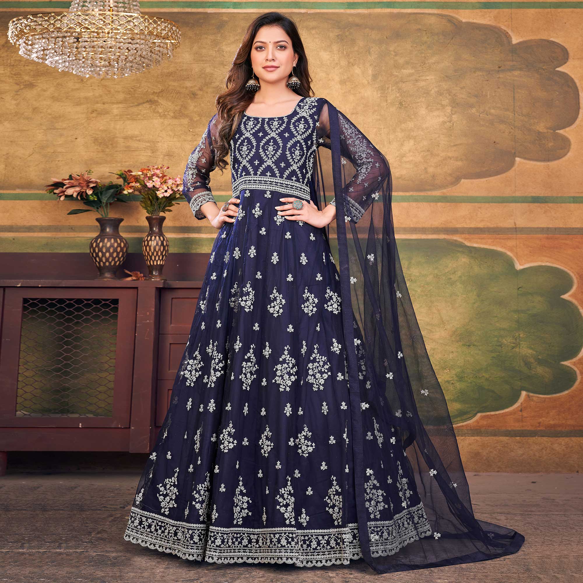 Blue Embroidered Net Semi Stitched Anarkali Suit