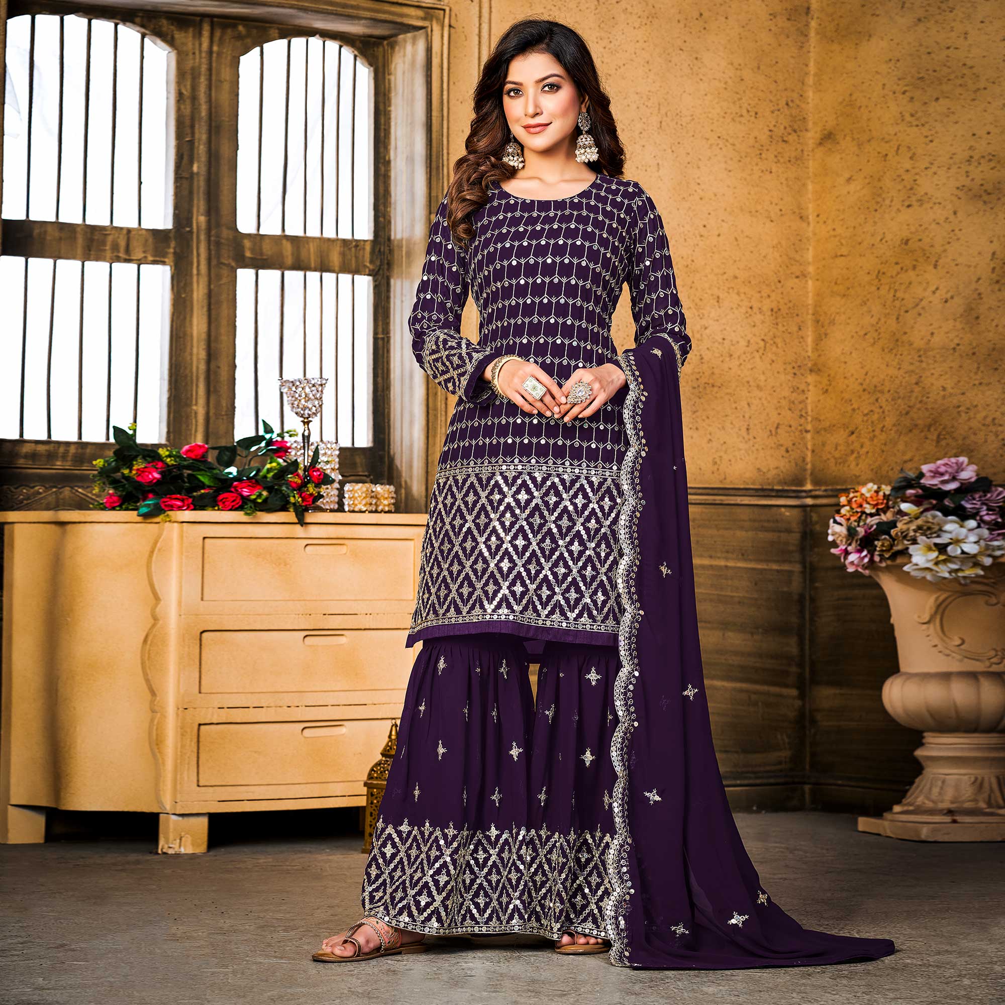 Purple Sequins Embroidered Georgette Semi Stitched Suit