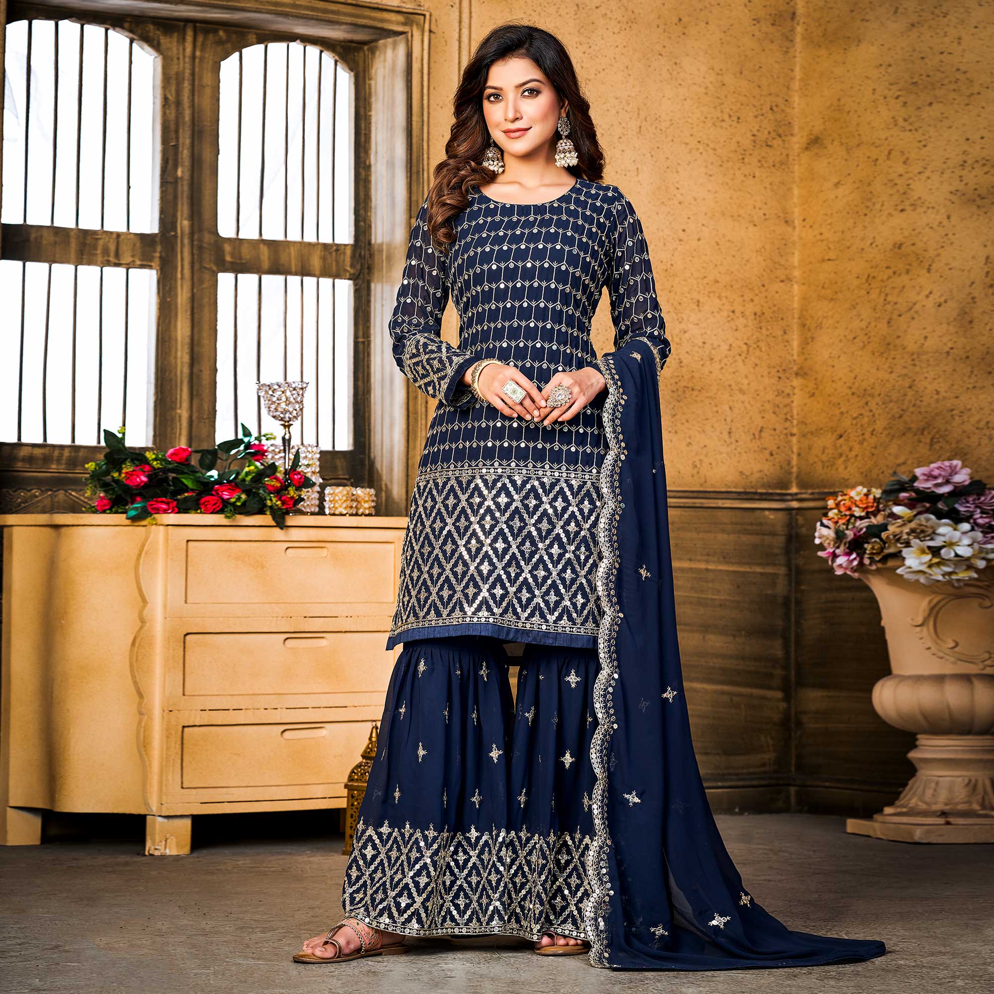 Blue Sequins Embroidered Georgette Semi Stitched Suit