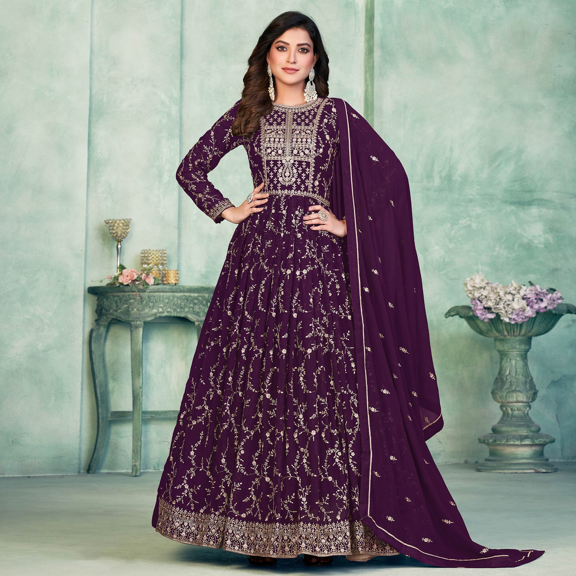 Purple Embroidered Georgette Semi Stitched Anarkali Suit