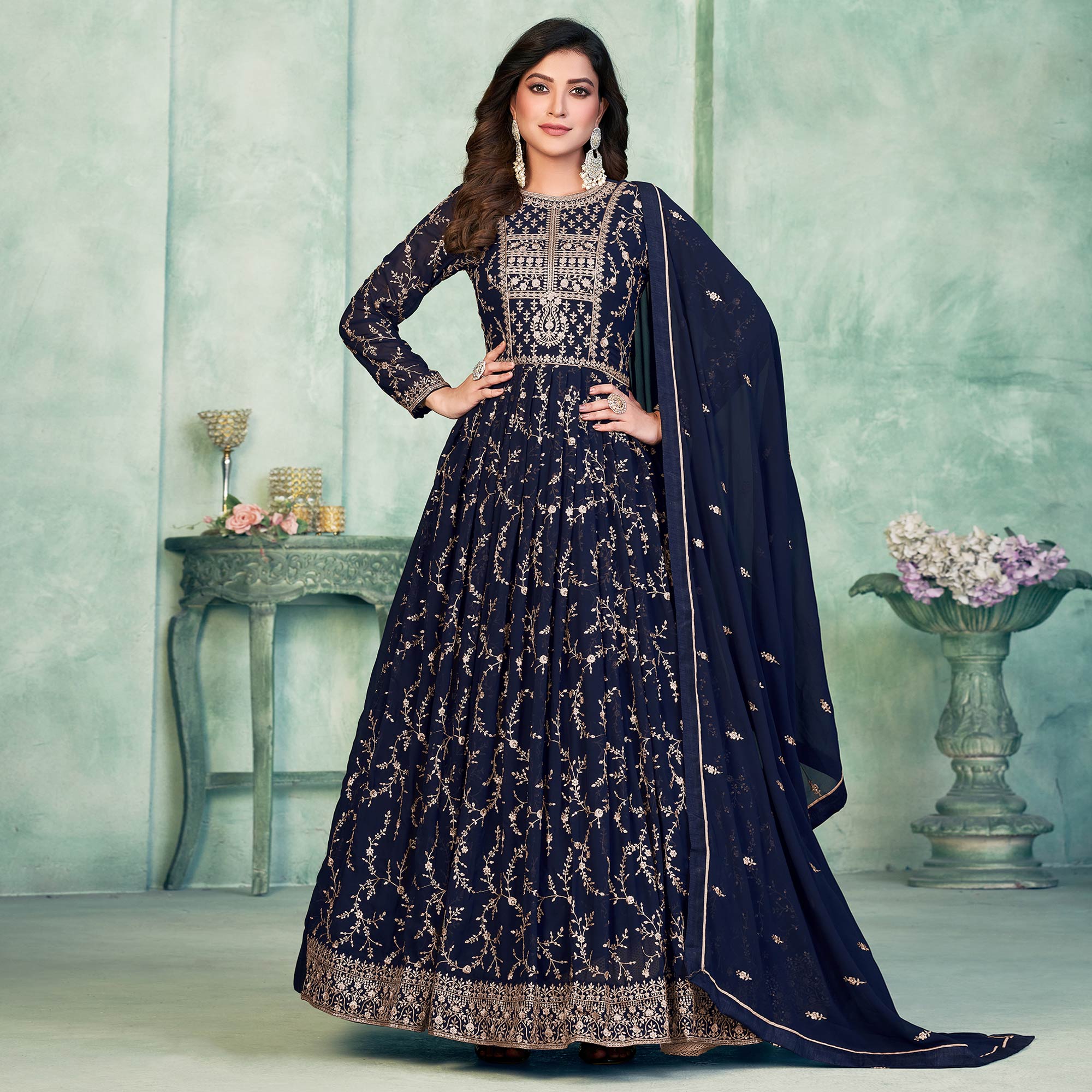 Blue Embroidered Georgette Semi Stitched Anarkali Suit