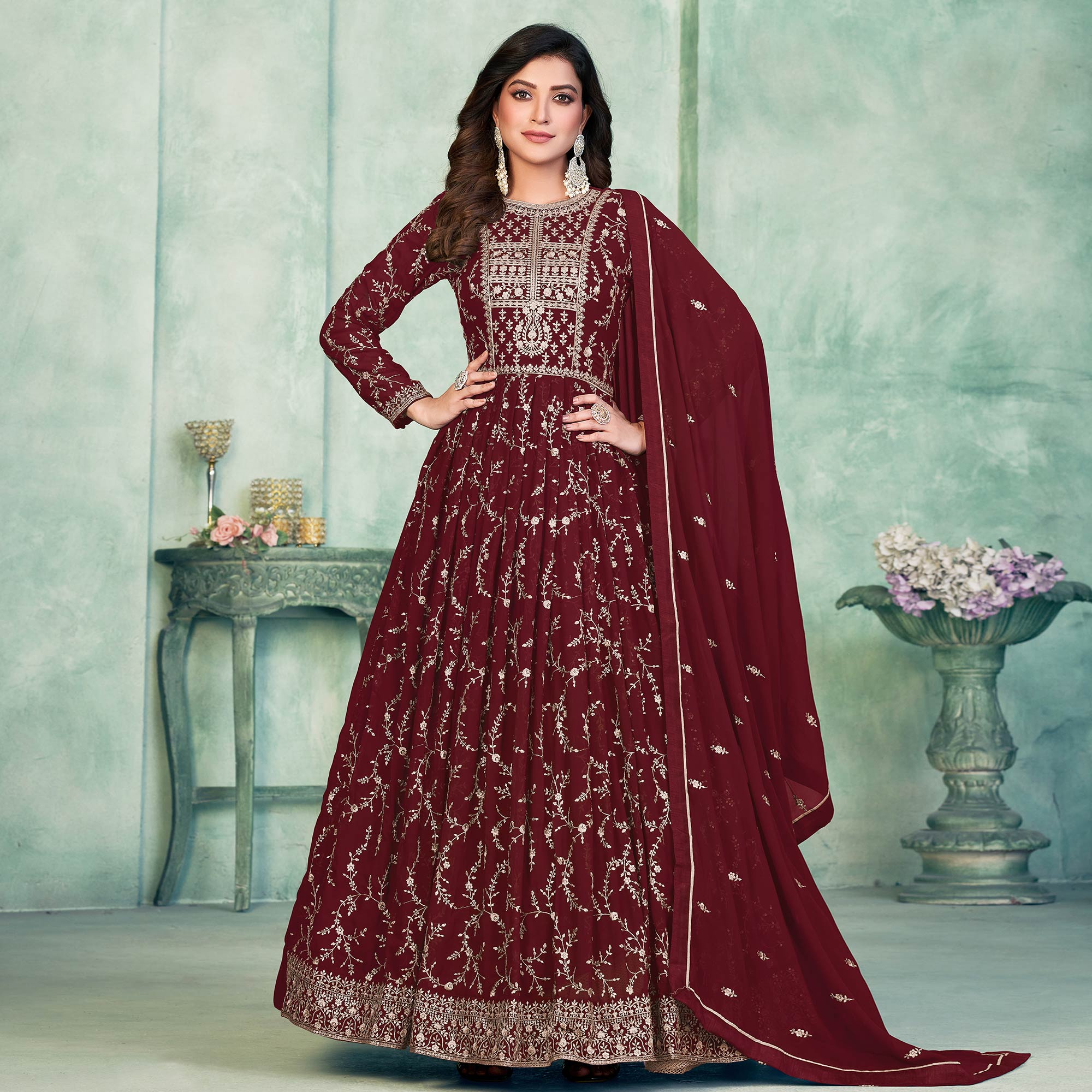 Maroon Embroidered Georgette Semi Stitched Anarkali Suit