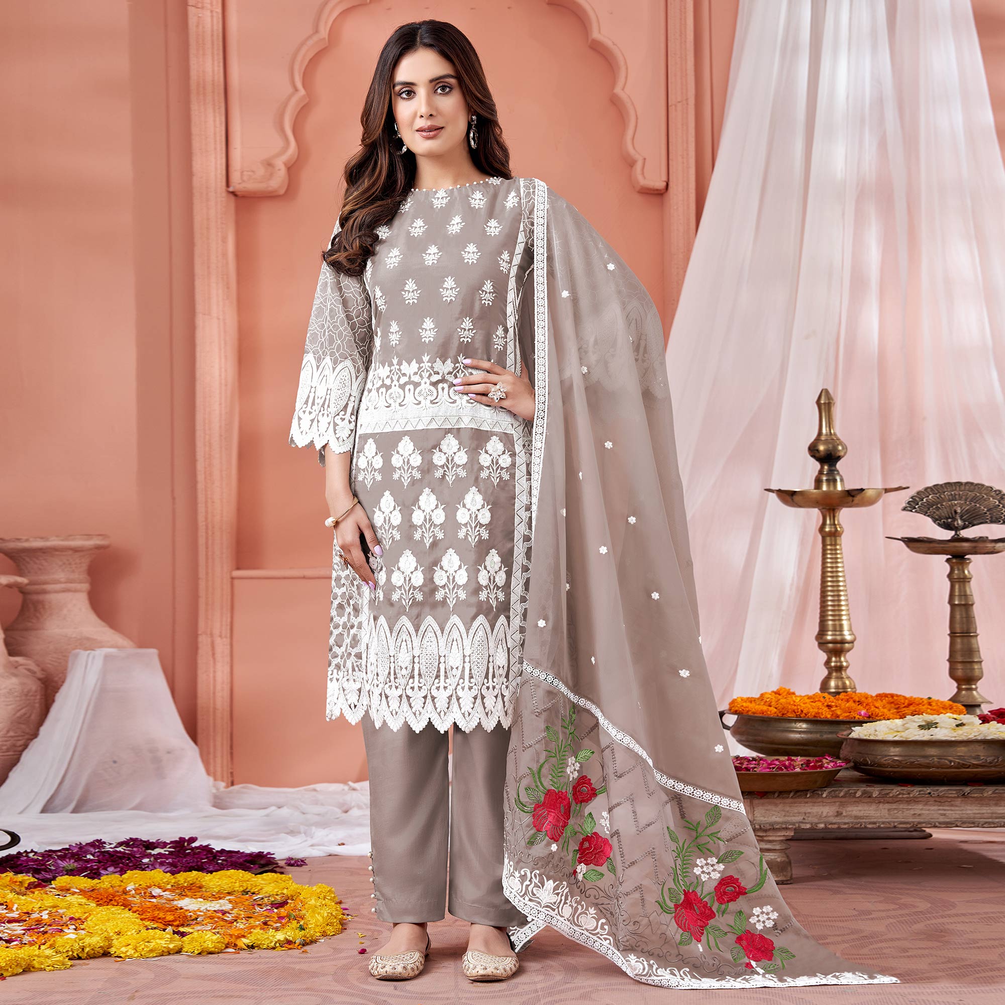 Grey Floral Embroidered Organza Semi Stitched Suit