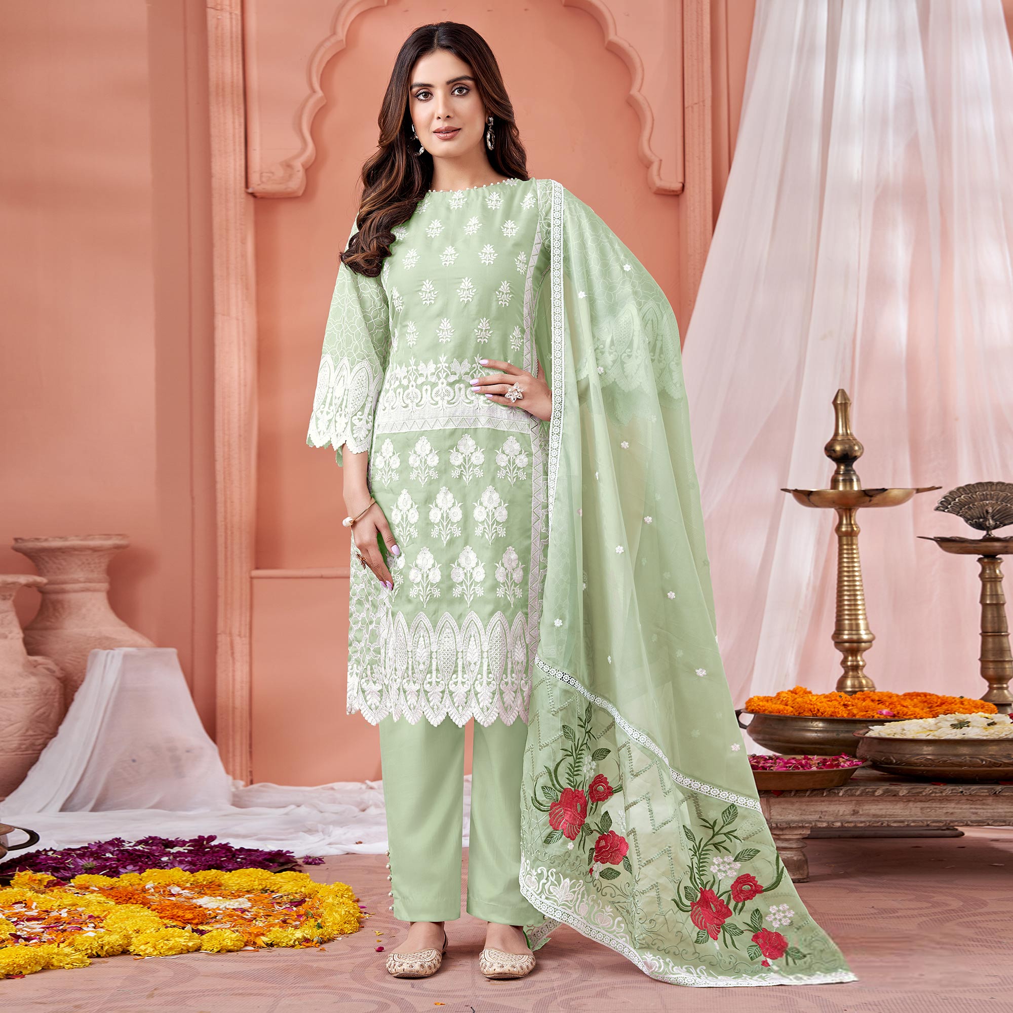 Green Floral Embroidered Organza Semi Stitched Suit