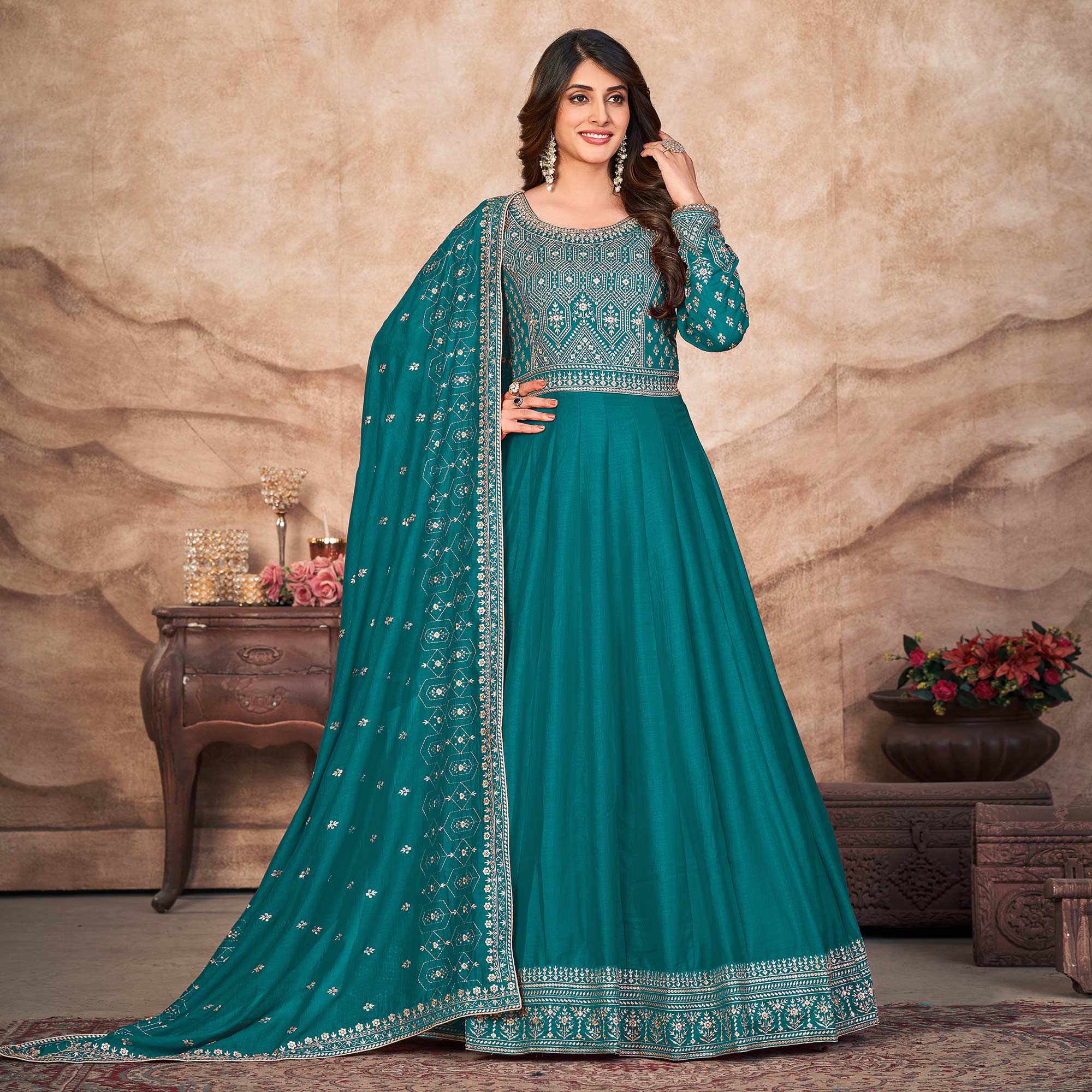 Rama Blue Embroidered Art Silk Semi Stitched Anarkali Suit