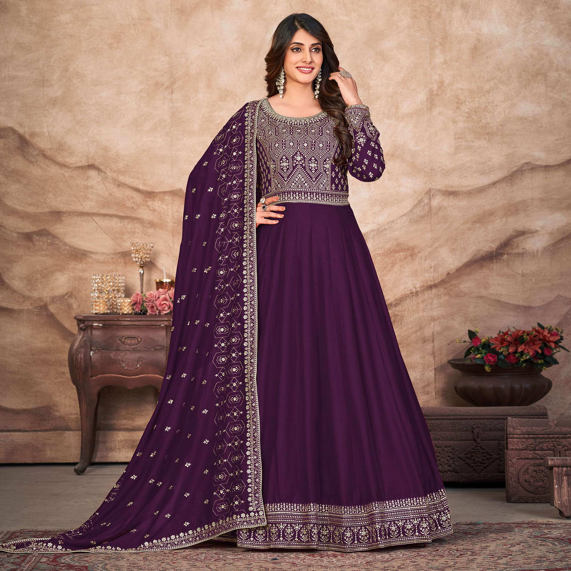 Purple Embroidered Art Silk Semi Stitched Anarkali Suit