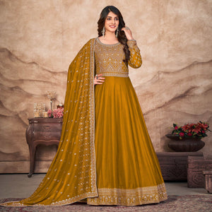 Mustard Embroidered Art Silk Semi Stitched Anarkali Suit