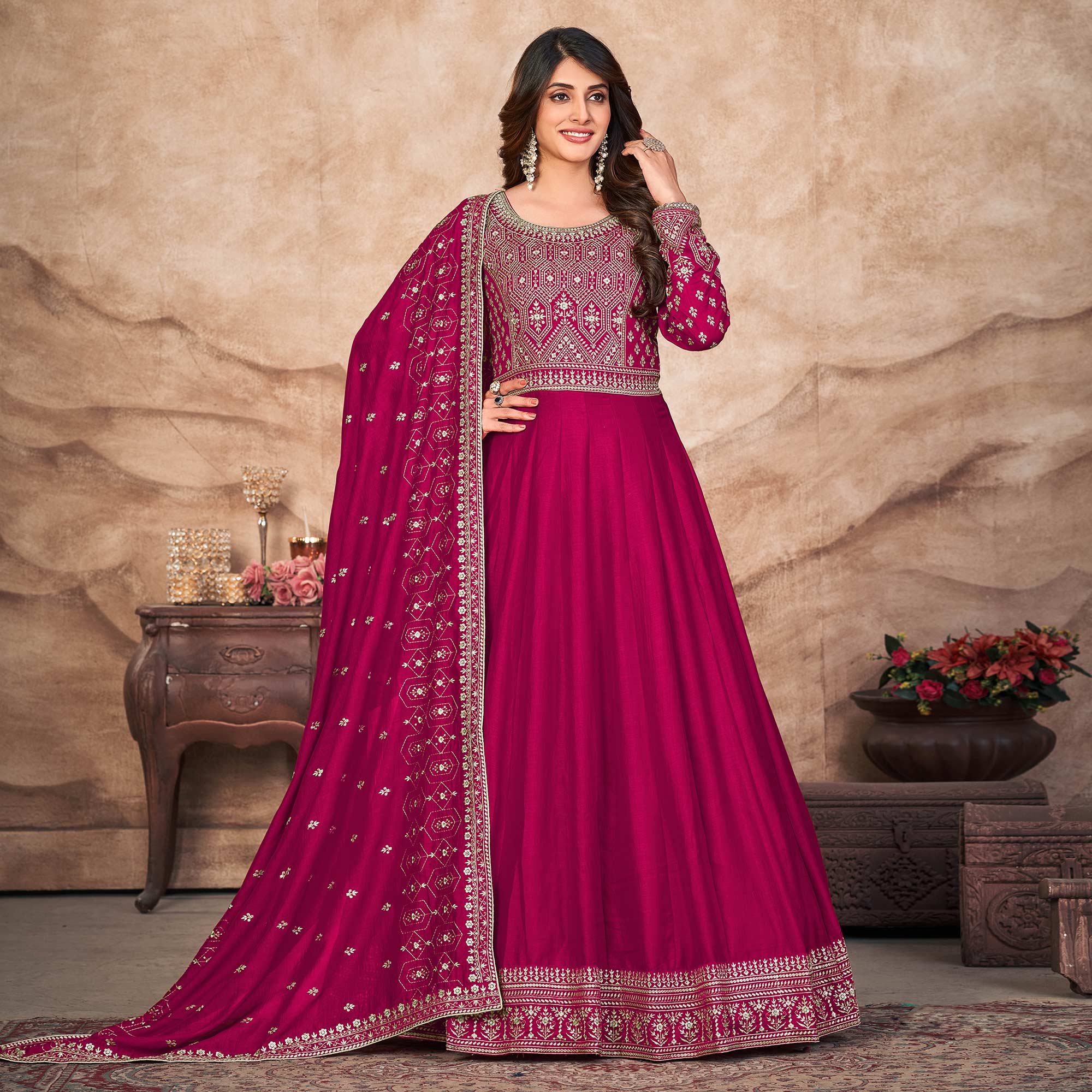 Pink Embroidered Art Silk Semi Stitched Anarkali Suit