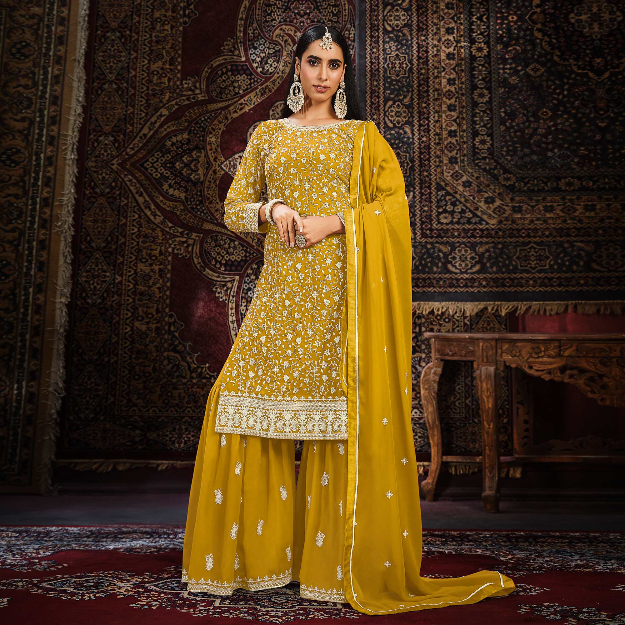 Mustard Floral Embroidered Georgette Unstitched Suit