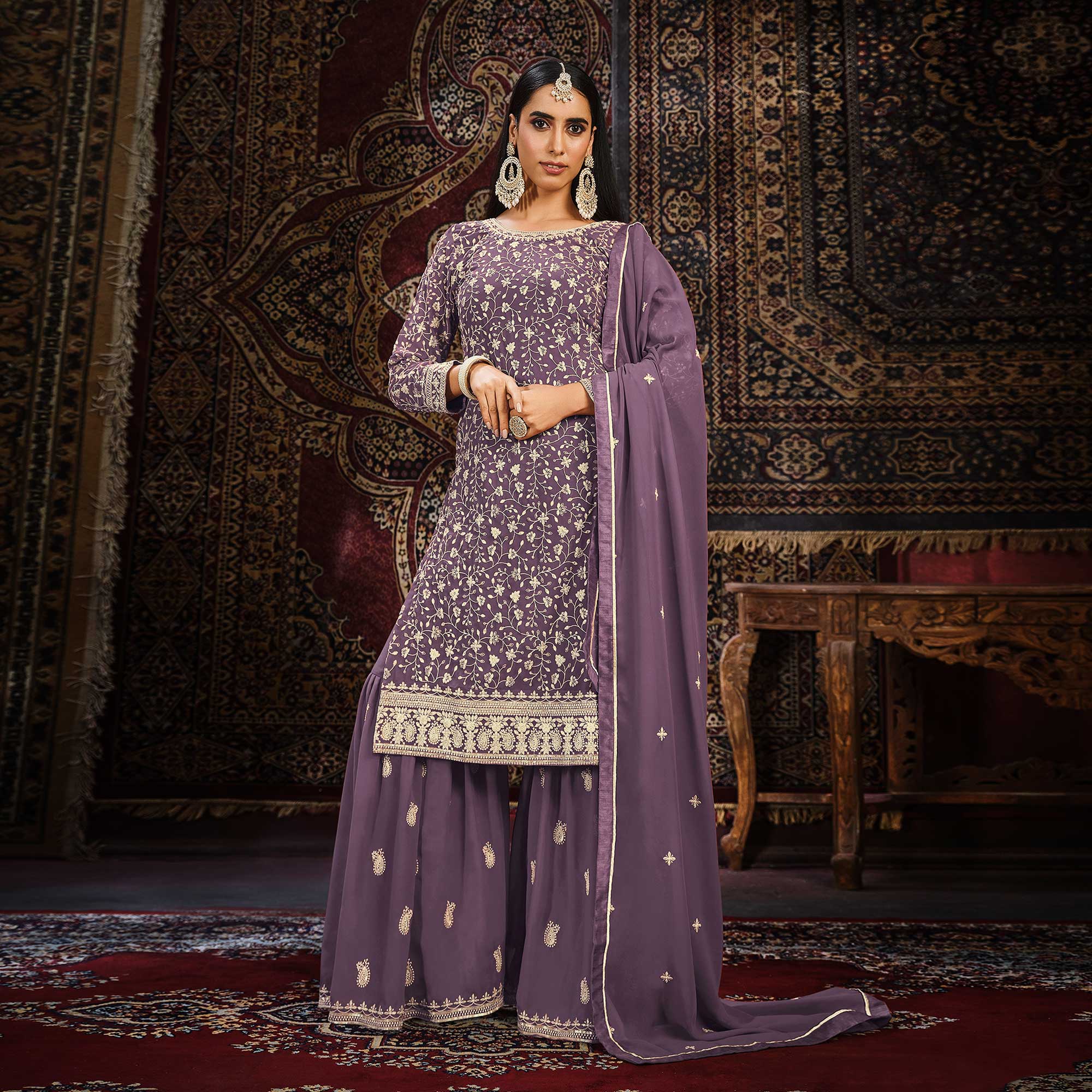 Purple Floral Embroidered Georgette Unstitched Suit