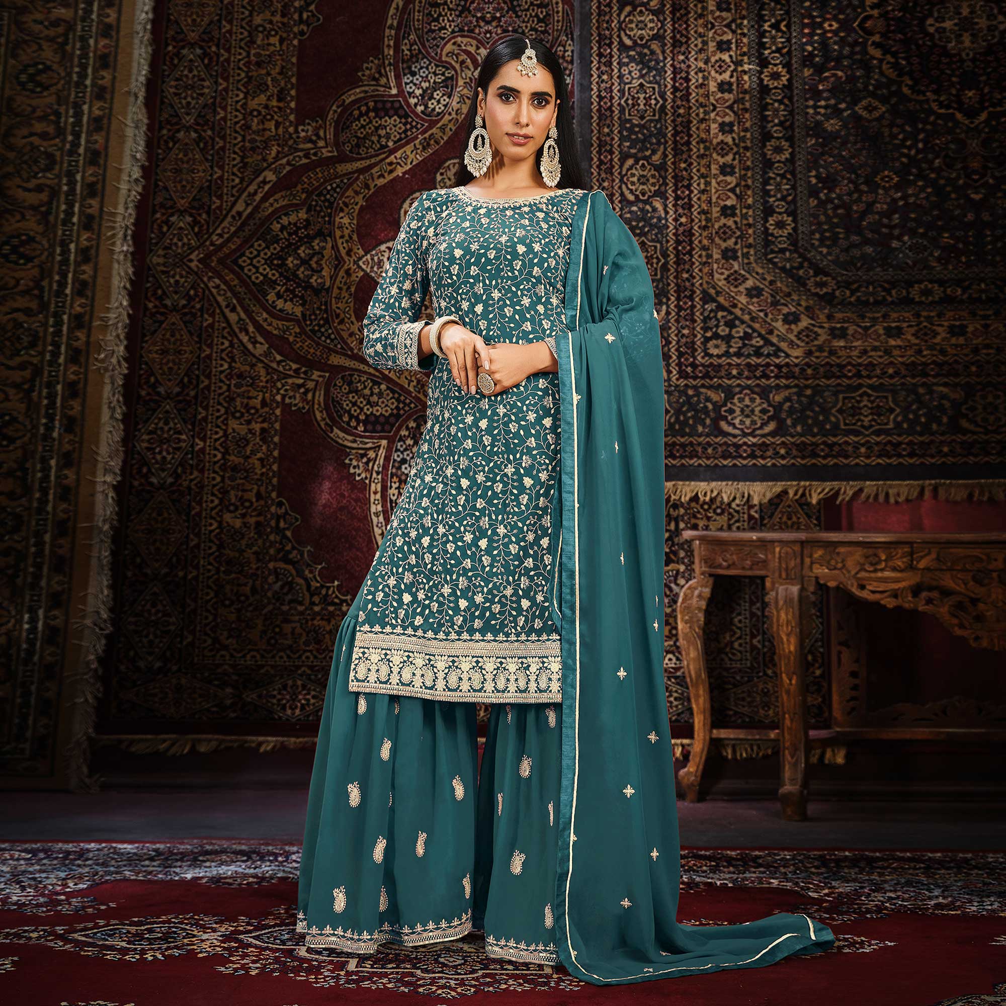 Teal Floral Embroidered Georgette Unstitched Suit