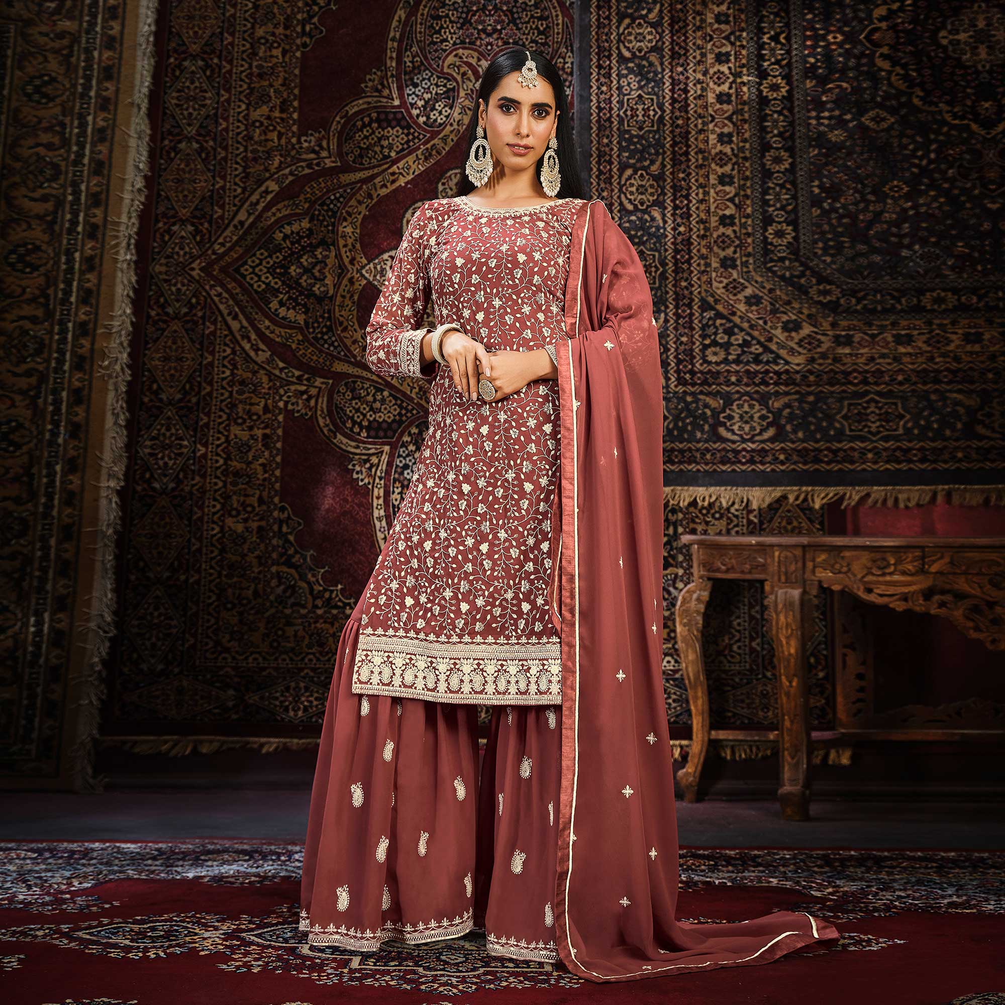 Rust Floral Embroidered Georgette Unstitched Suit