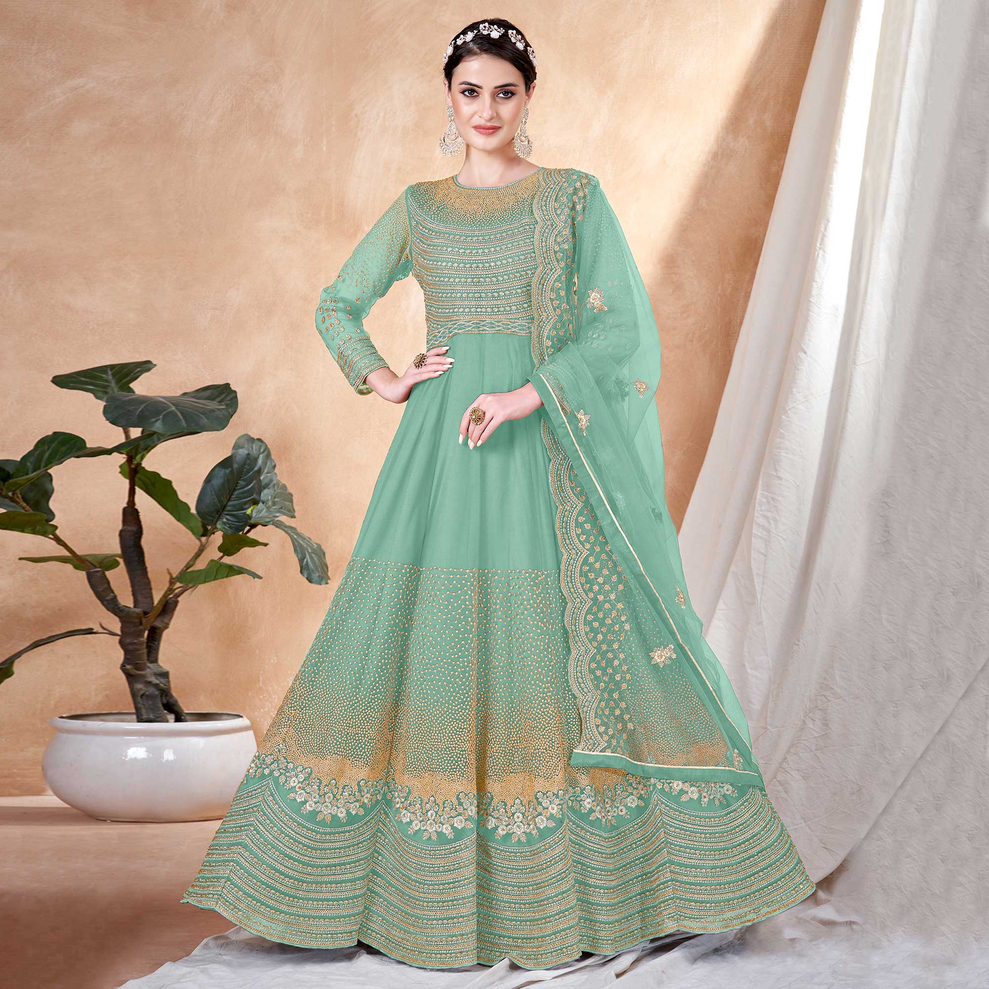 Turquoise Floral Embroidered Net Semi Stitched Anarkali Suit