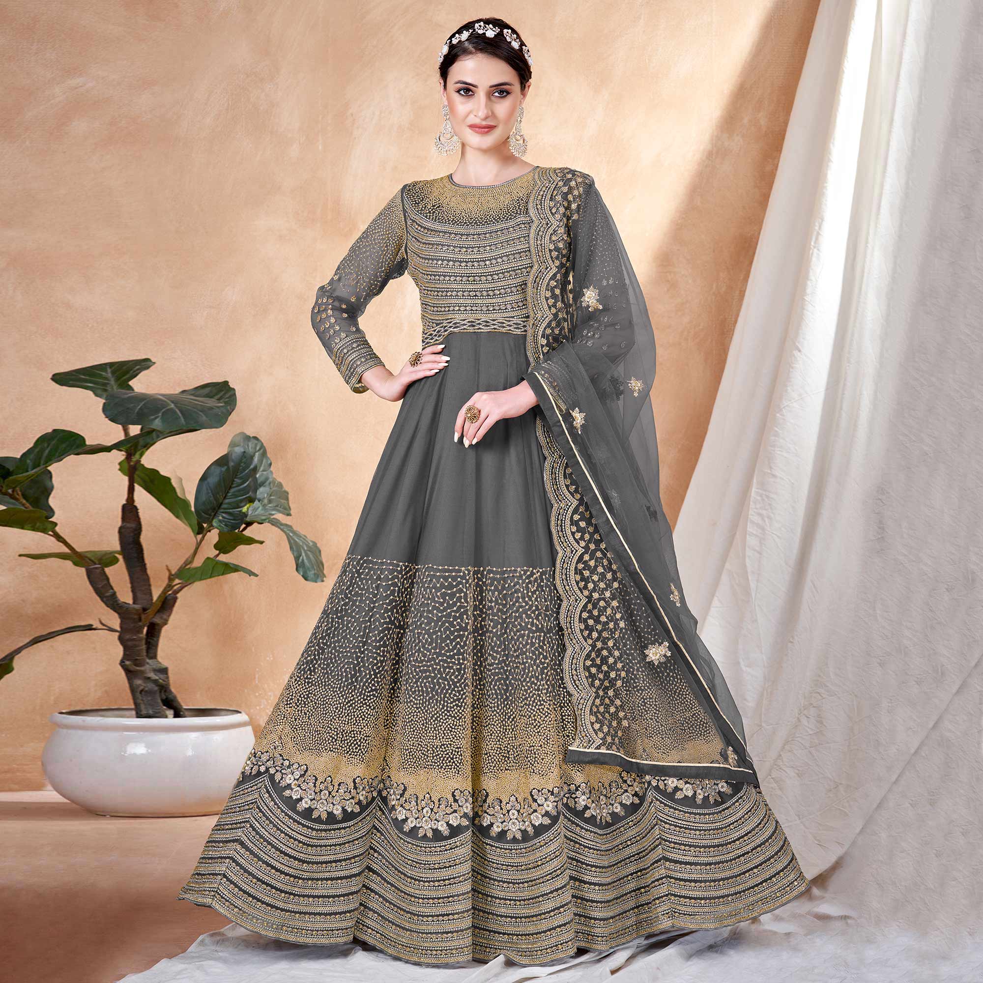 Grey Floral Embroidered Net Semi Stitched Anarkali Suit