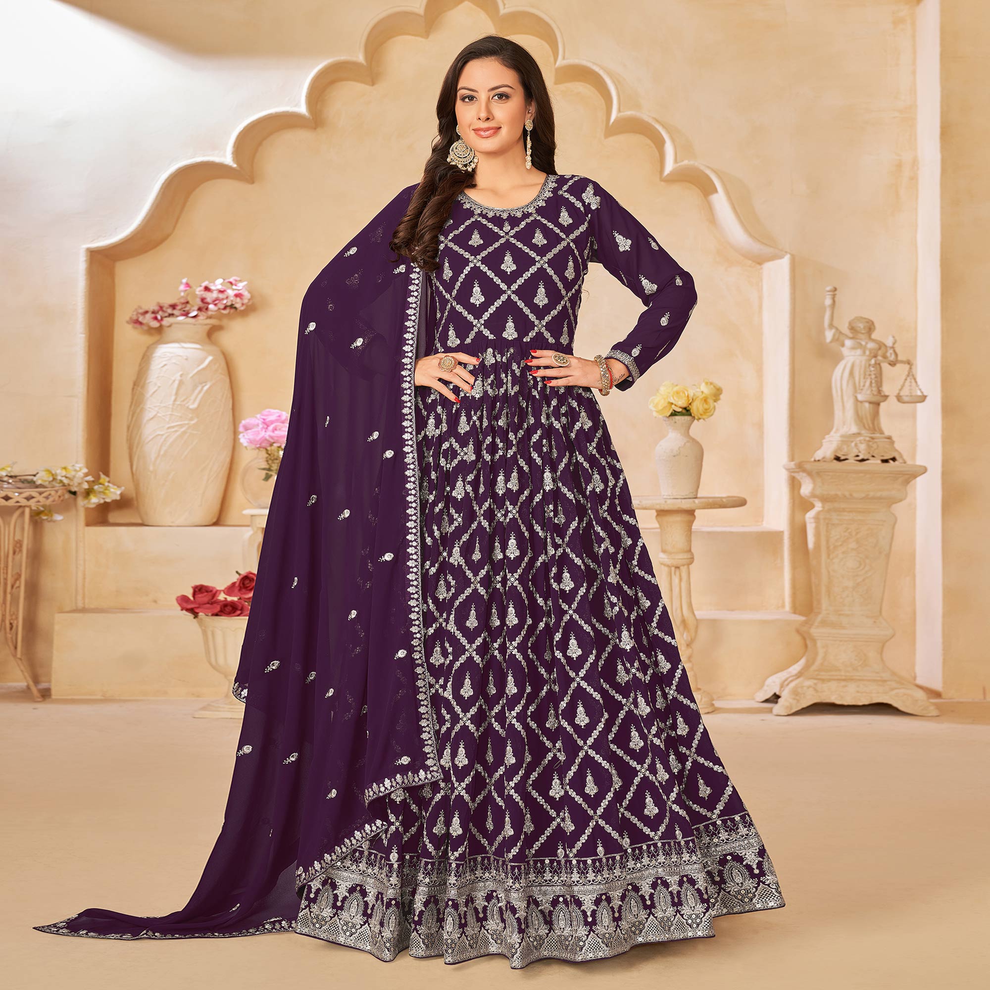 Purple Floral Embroidered Georgette Semi Stitched Anarkali Suit