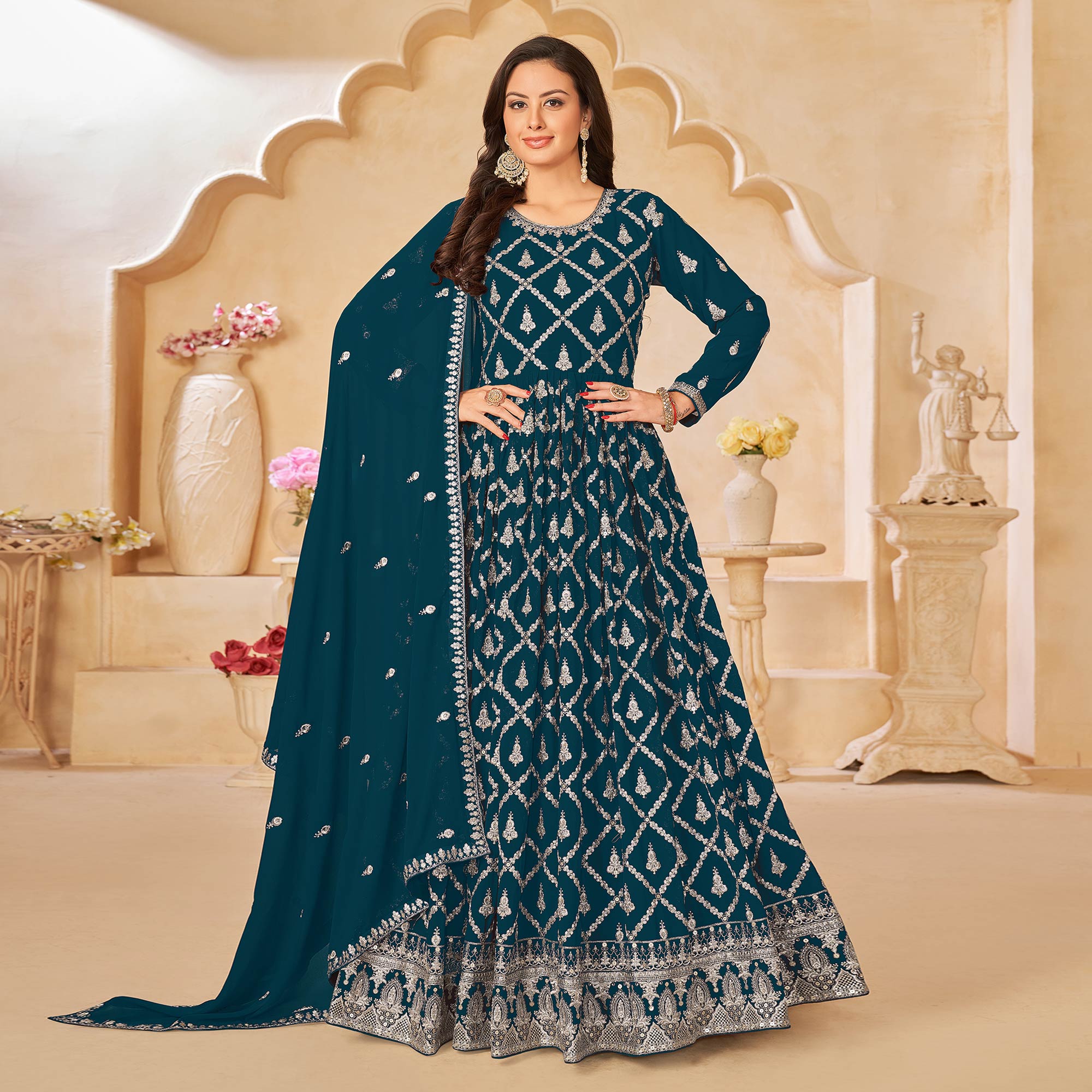 Morpich Floral Embroidered Georgette Semi Stitched Anarkali Suit