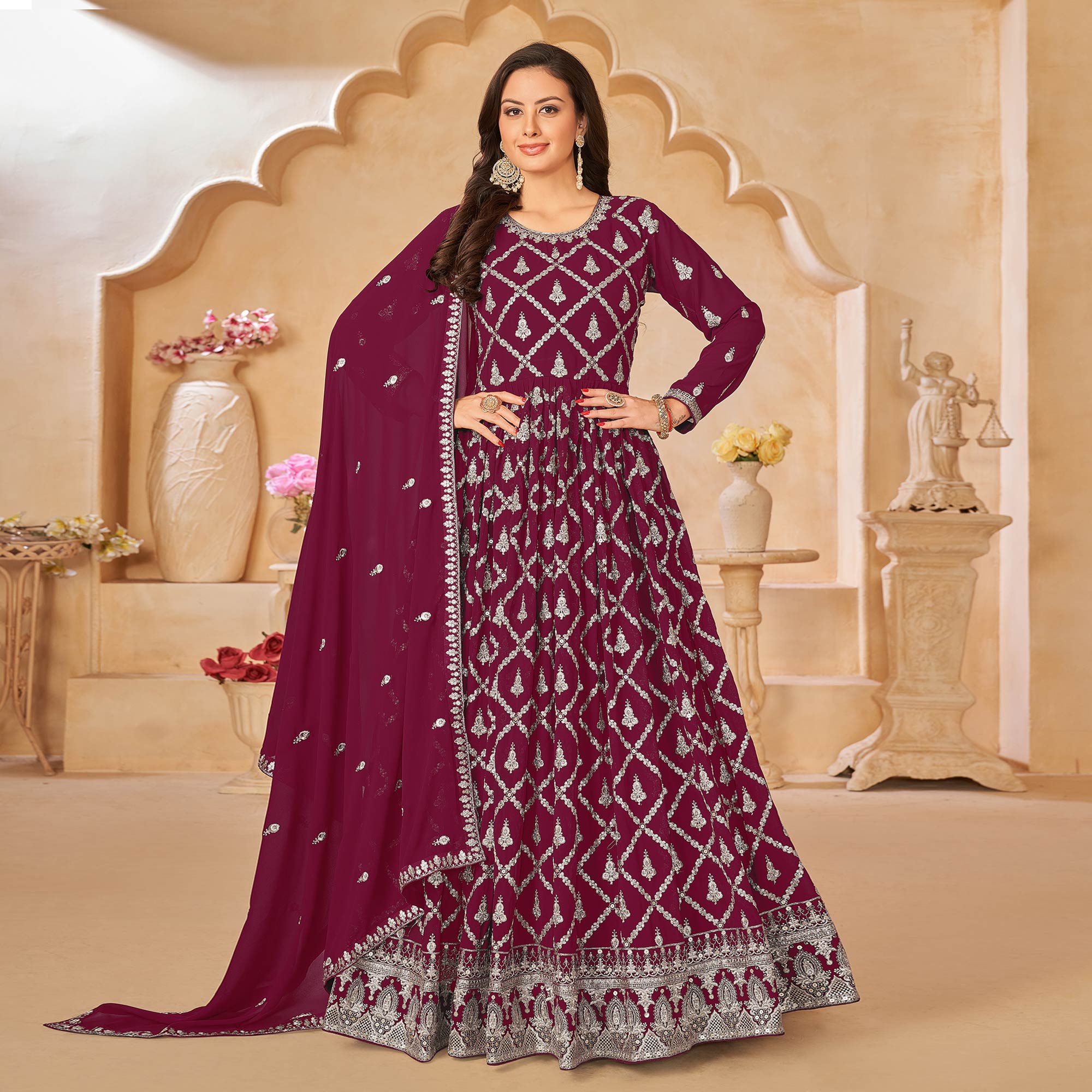 Dark Magenta Floral Embroidered Georgette Semi Stitched Anarkali Suit