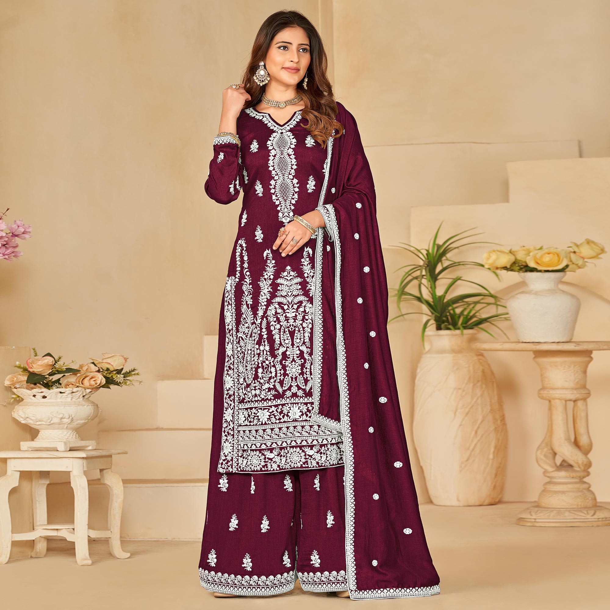 Wine Floral Embroidered Art Silk Semi Stitched Palazzo Suit