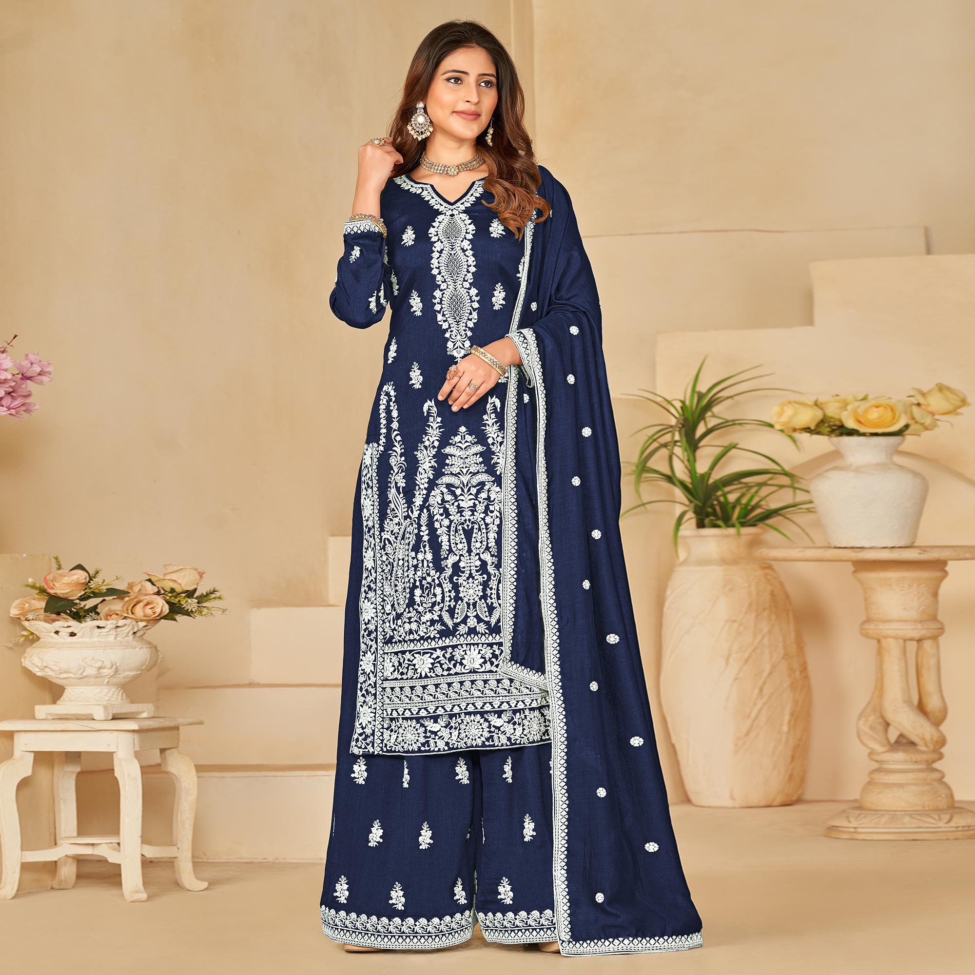 Blue Floral Embroidered Art Silk Semi Stitched Palazzo Suit