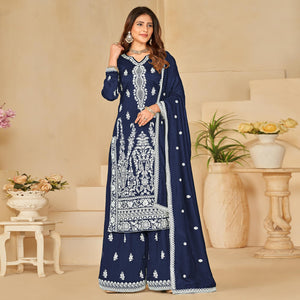 Blue Floral Embroidered Art Silk Semi Stitched Palazzo Suit