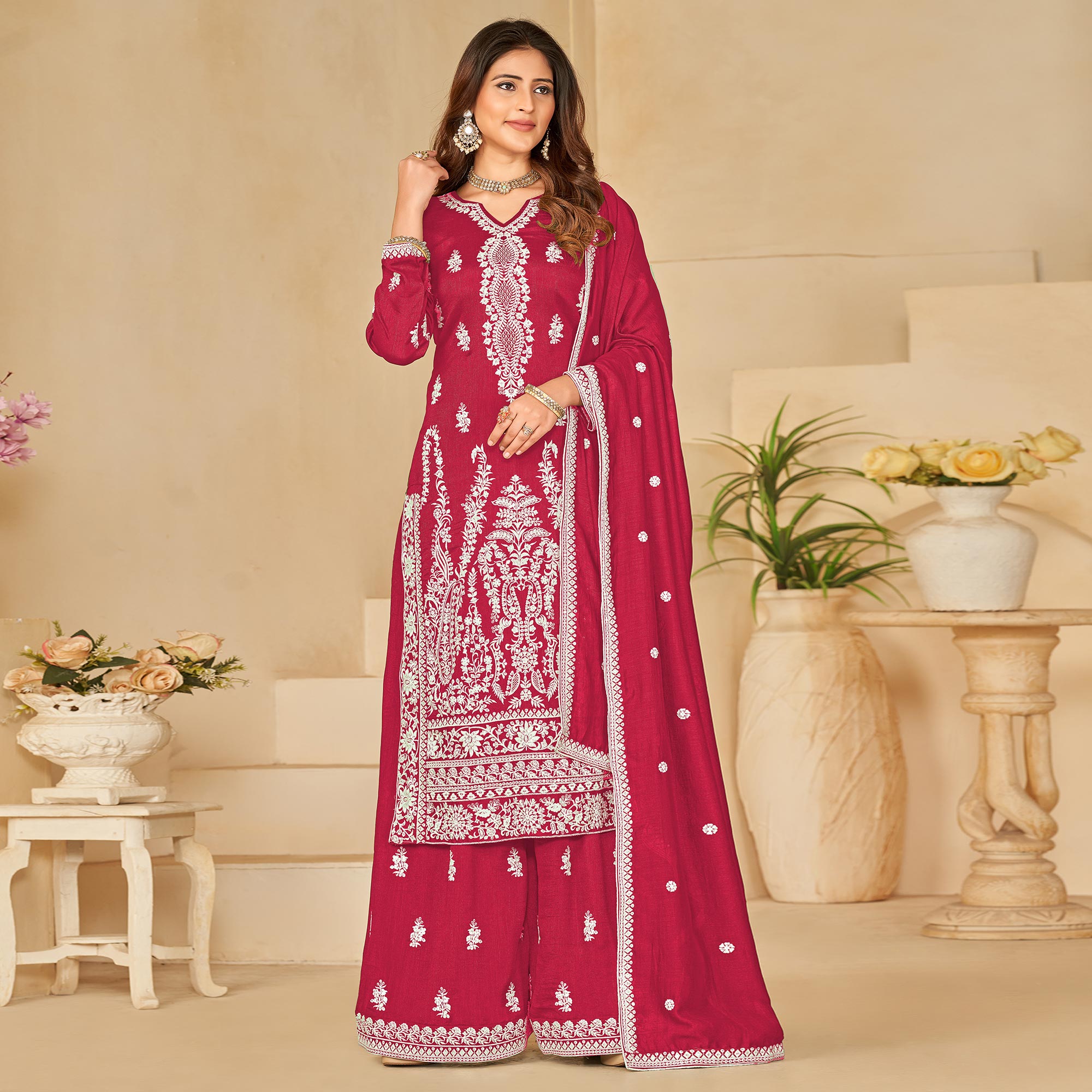 Pink Floral Embroidered Art Silk Semi Stitched Palazzo Suit