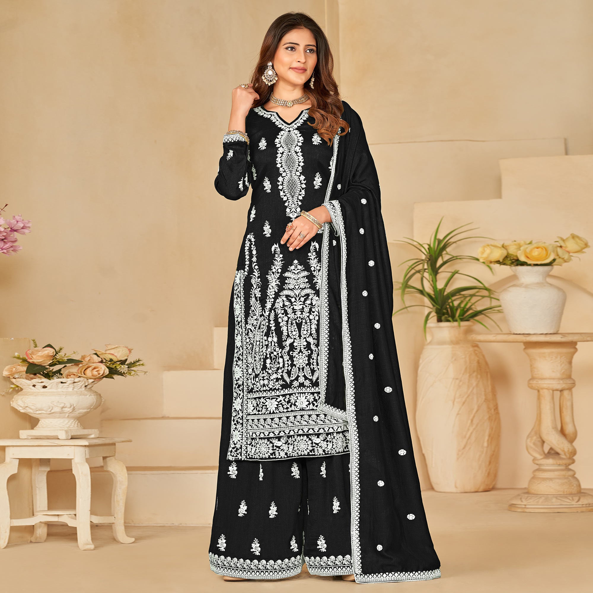Black Floral Embroidered Art Silk Semi Stitched Palazzo Suit