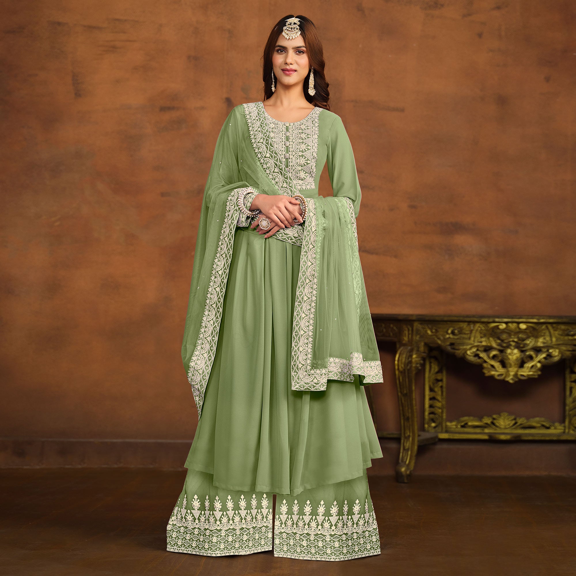 Pista Green Floral Embroidered Georgette Semi Stitched Palazzo Suit