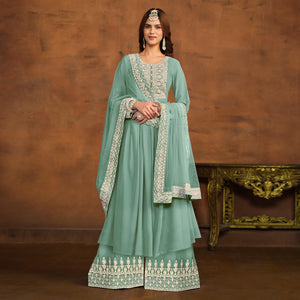 Blue Floral Embroidered Georgette Semi Stitched Palazzo Suit