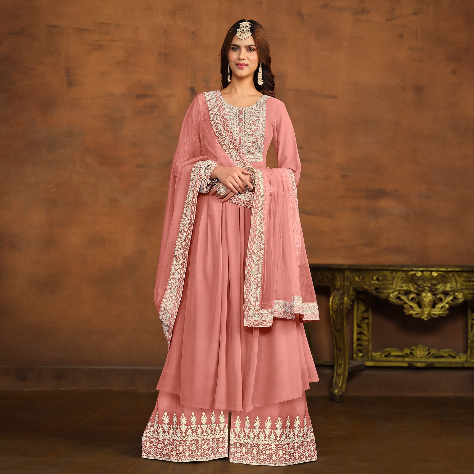 Peach Floral Embroidered Georgette Semi Stitched Palazzo Suit