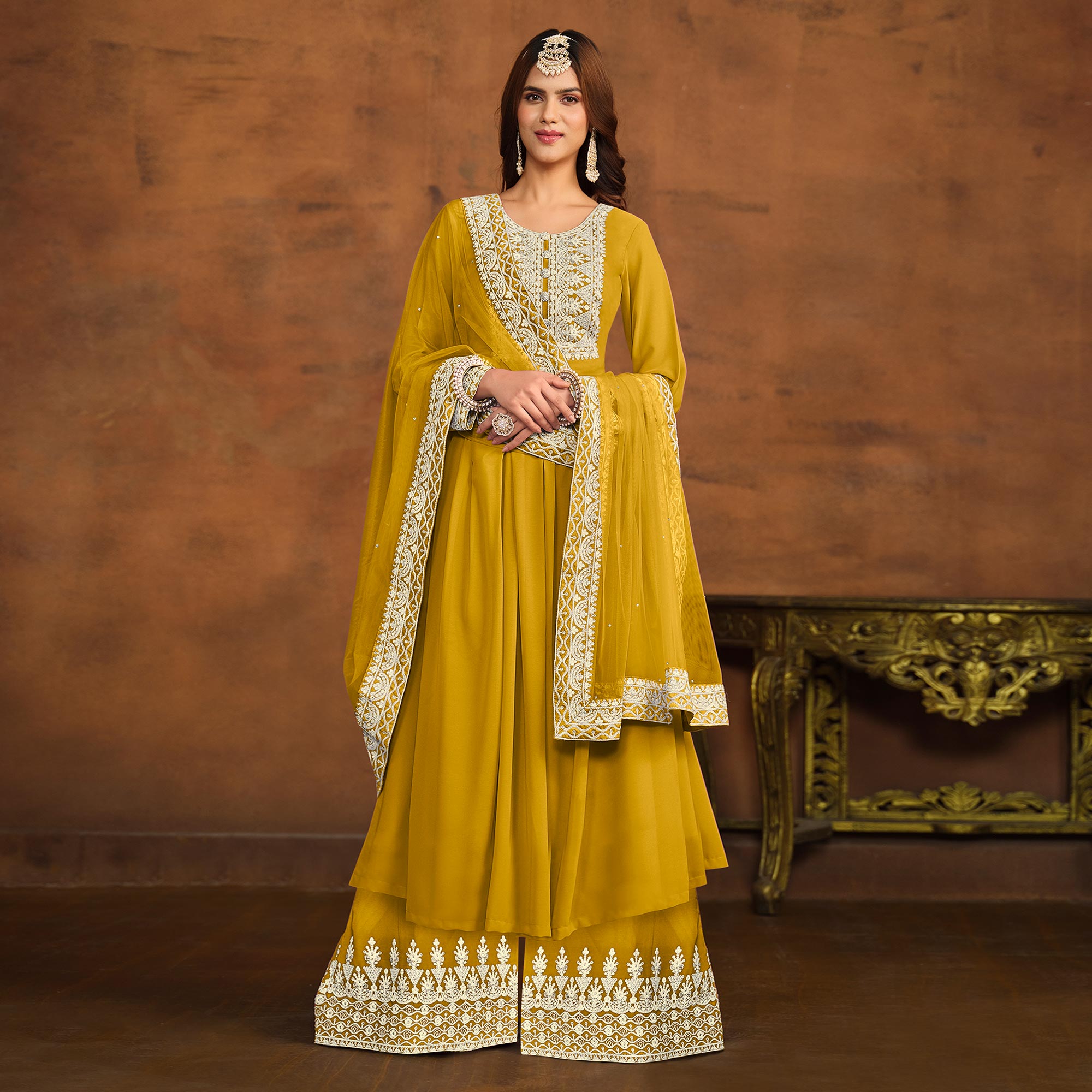 Mustard Floral Embroidered Georgette Semi Stitched Palazzo Suit