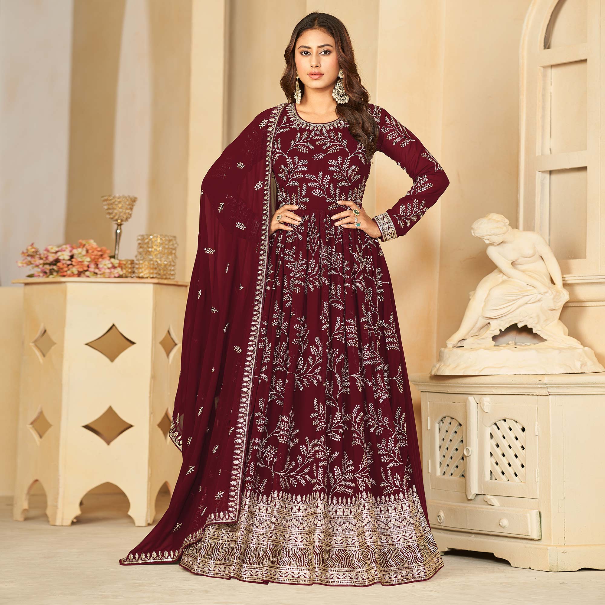 Maroon Sequins Embroidered Georgette Anarkali Style Semi Stitched Gown