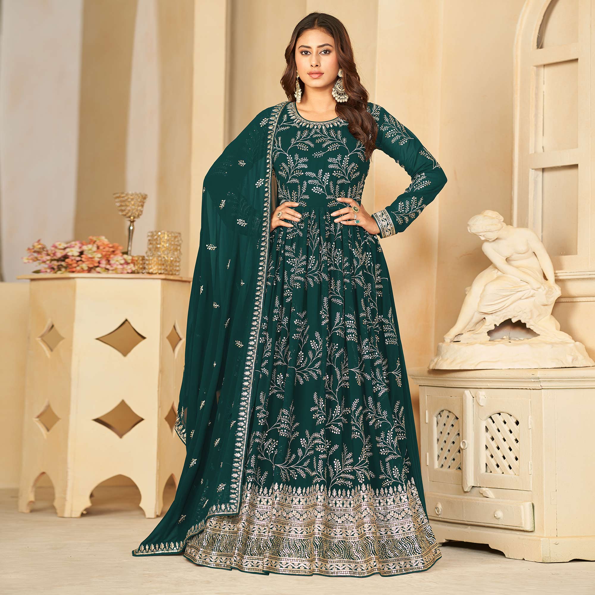 Green Sequins Embroidered Georgette Anarkali Style Semi Stitched Gown