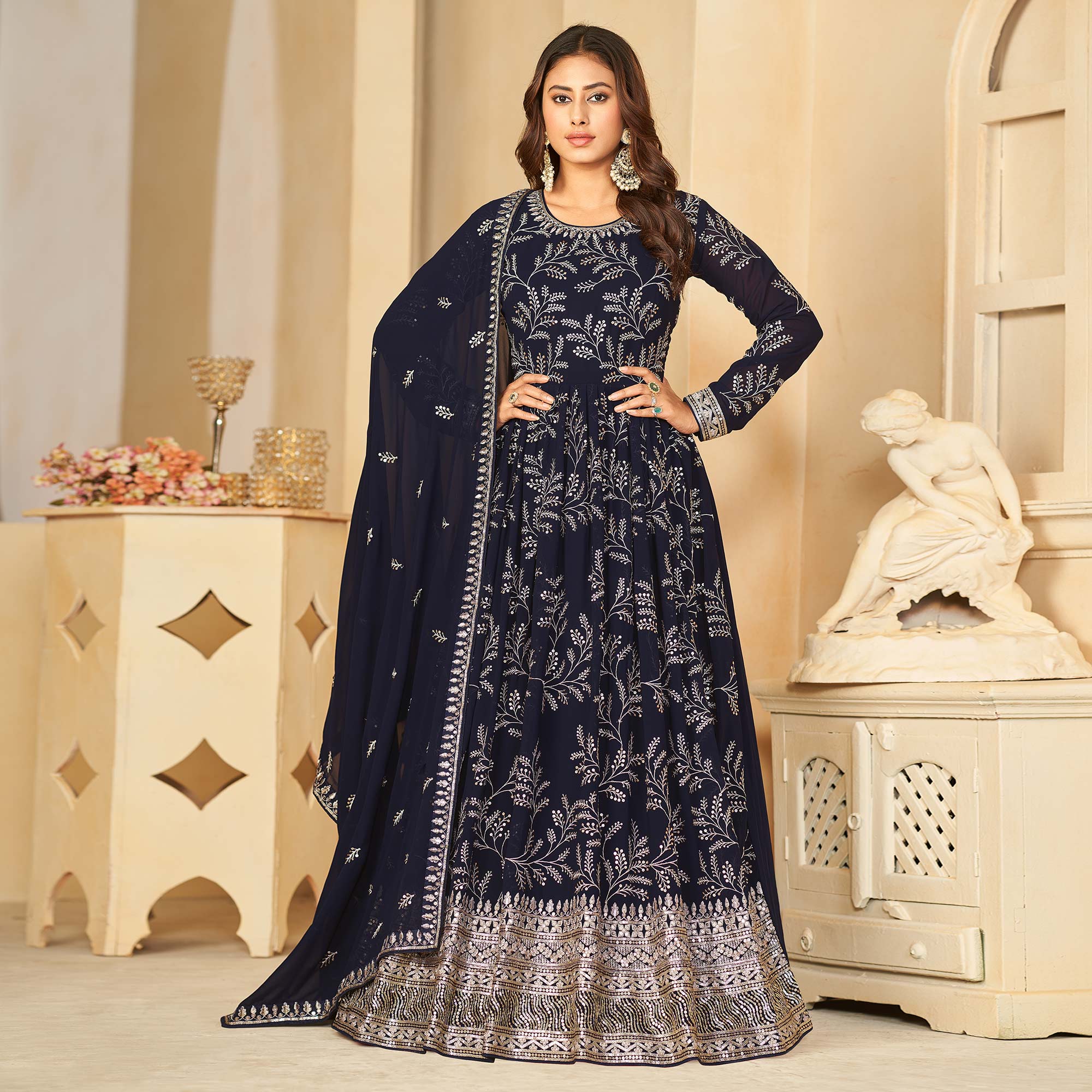 Blue Sequins Embroidered Georgette Anarkali Style Semi Stitched Gown