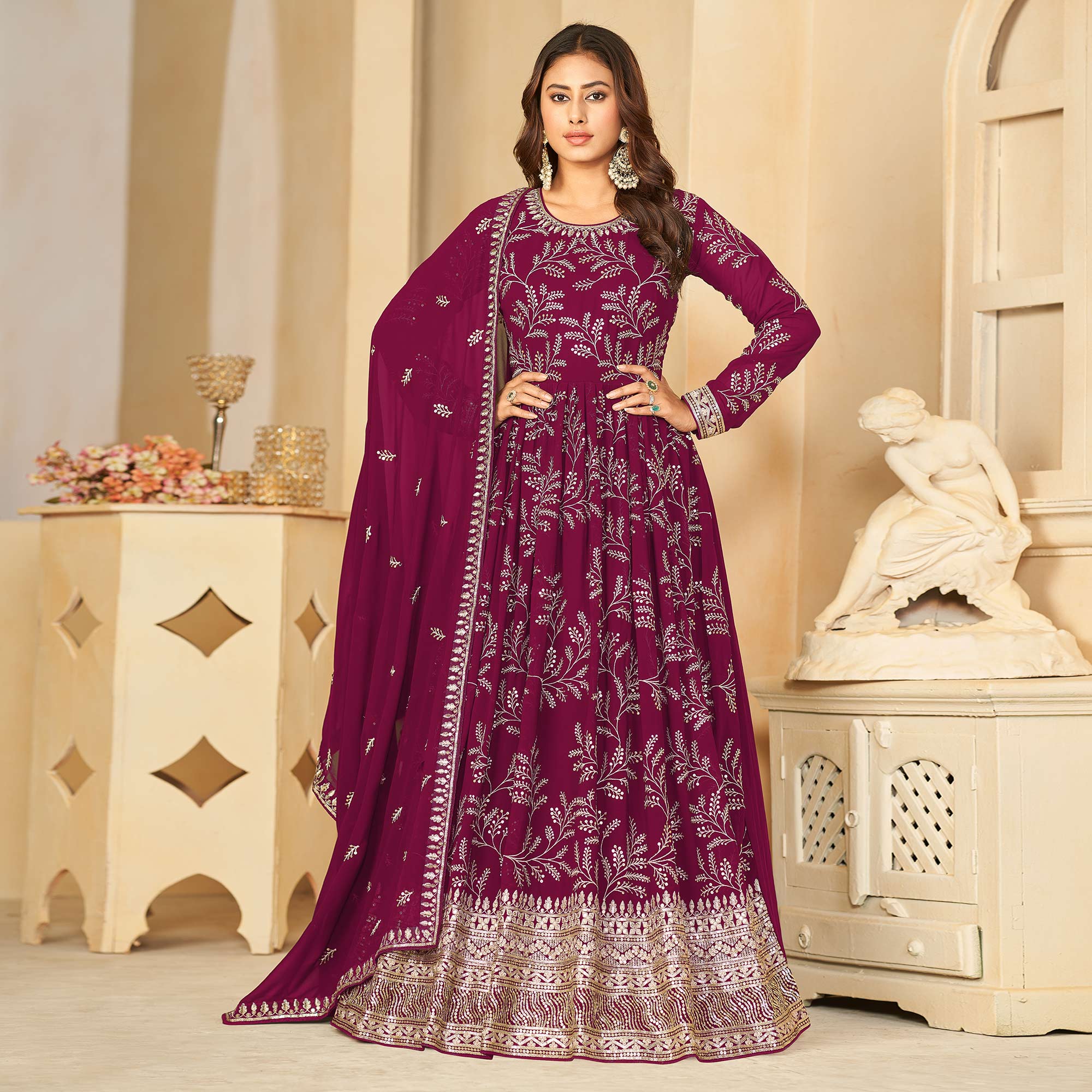 Dark Rani Pink Sequins Embroidered Georgette Anarkali Style Semi Stitched Gown