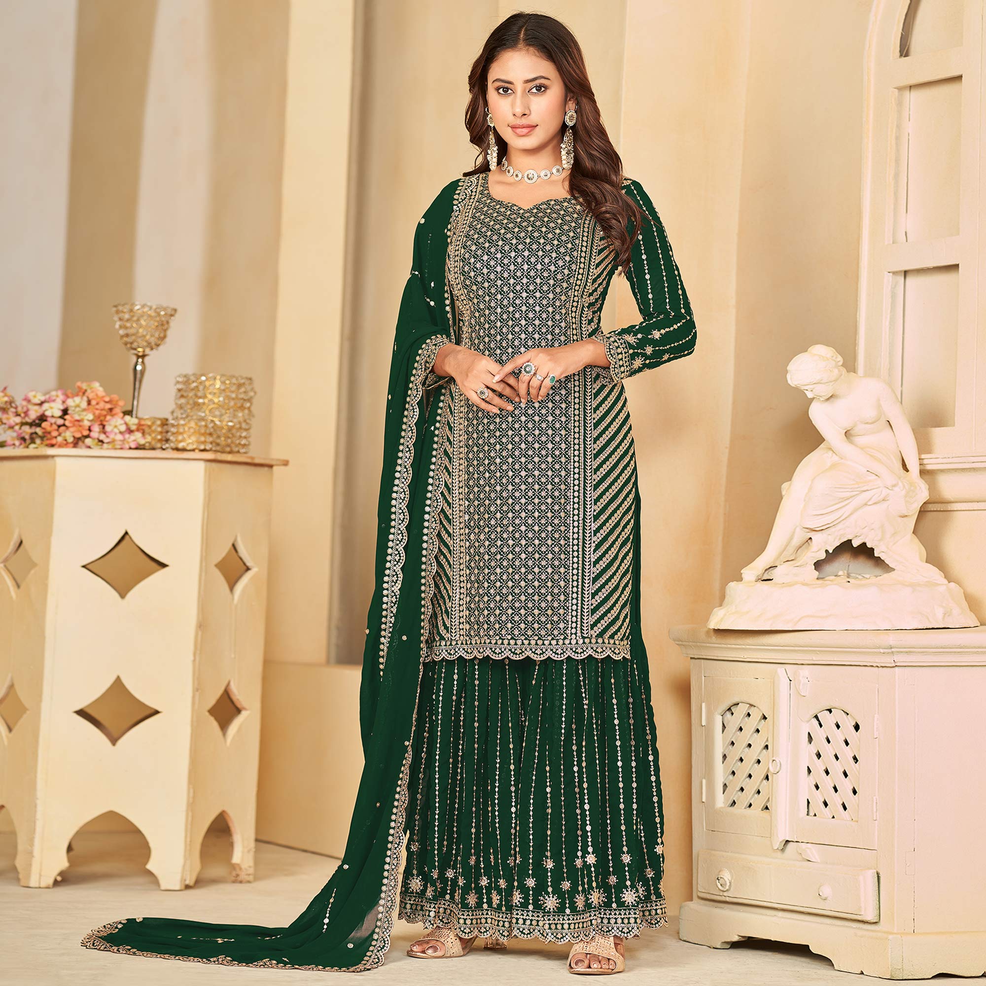 Green Sequins Embroidered Georgette Semi Stithed Sharara Suit