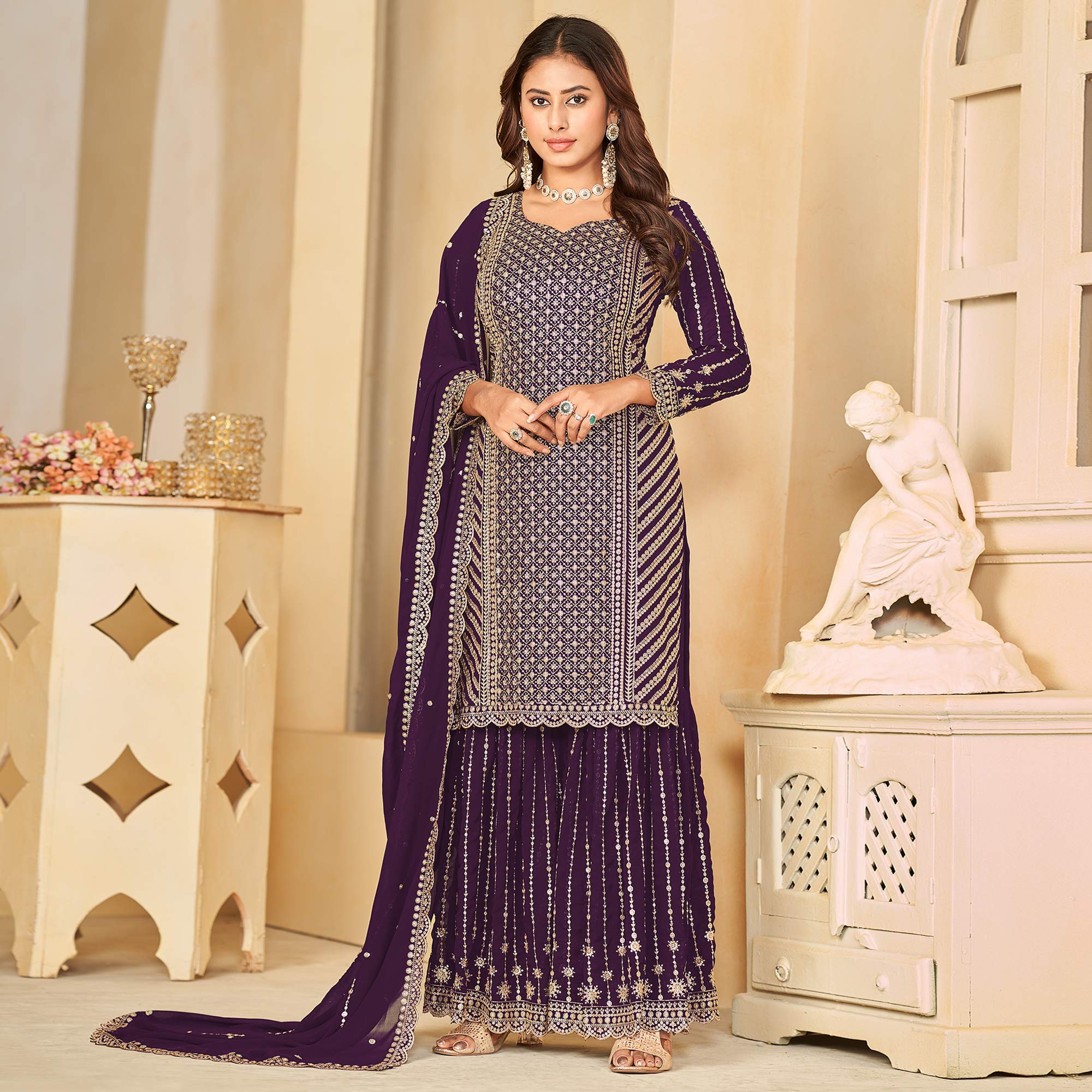 Purple Sequins Embroidered Georgette Semi Stithed Sharara Suit